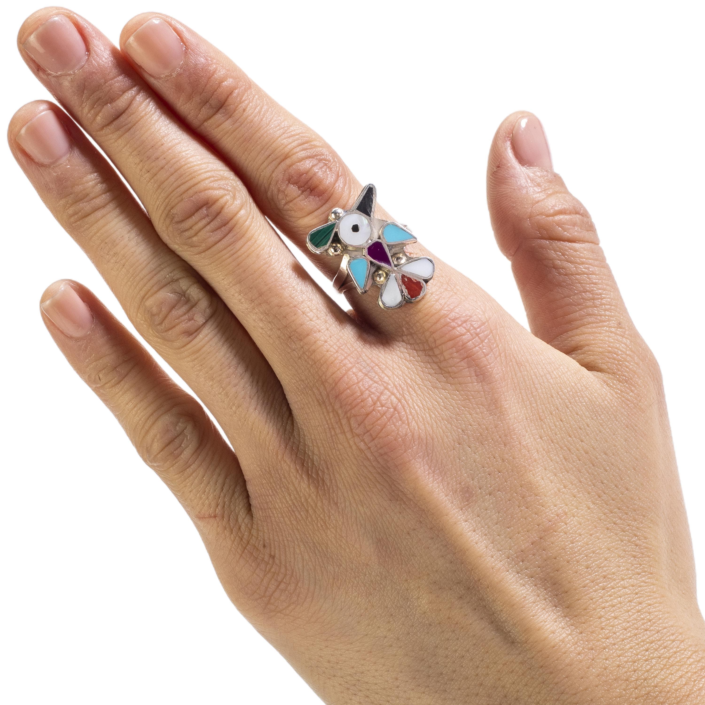 Kalifano Native American Jewelry 6 Pino Yunie Zuni Peyote Bird with Mother of Pearl, Black Onyx, Coral, Malachite, Purple Spiny Oyster Shell, & Turquoise USA Native American Made 925 Sterling Silver Ring NAR200.022.6