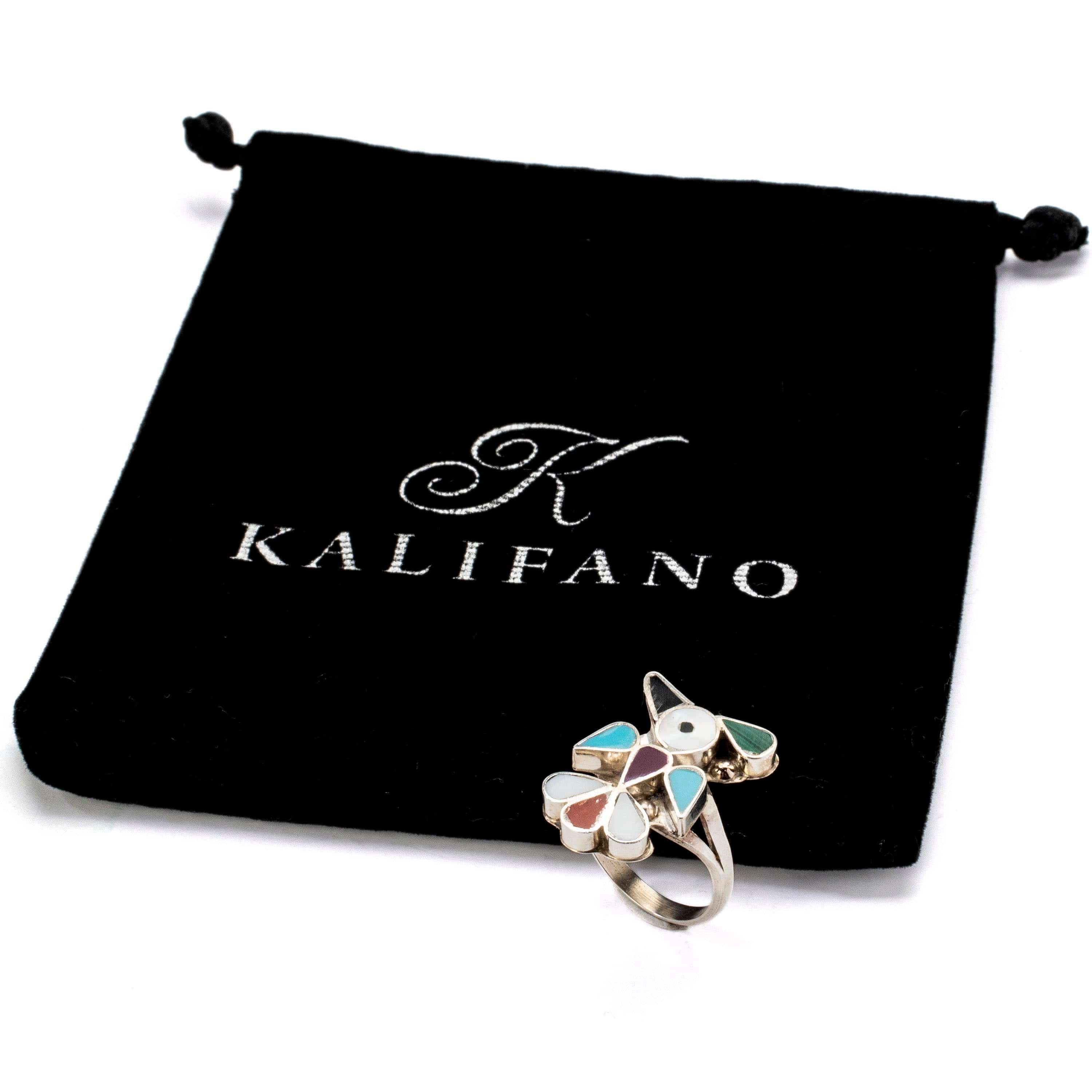Kalifano Native American Jewelry 6 Pino Yunie Zuni Peyote Bird with Mother of Pearl, Black Onyx, Coral, Malachite, Purple Spiny Oyster Shell, & Turquoise USA Native American Made 925 Sterling Silver Ring NAR200.022.6