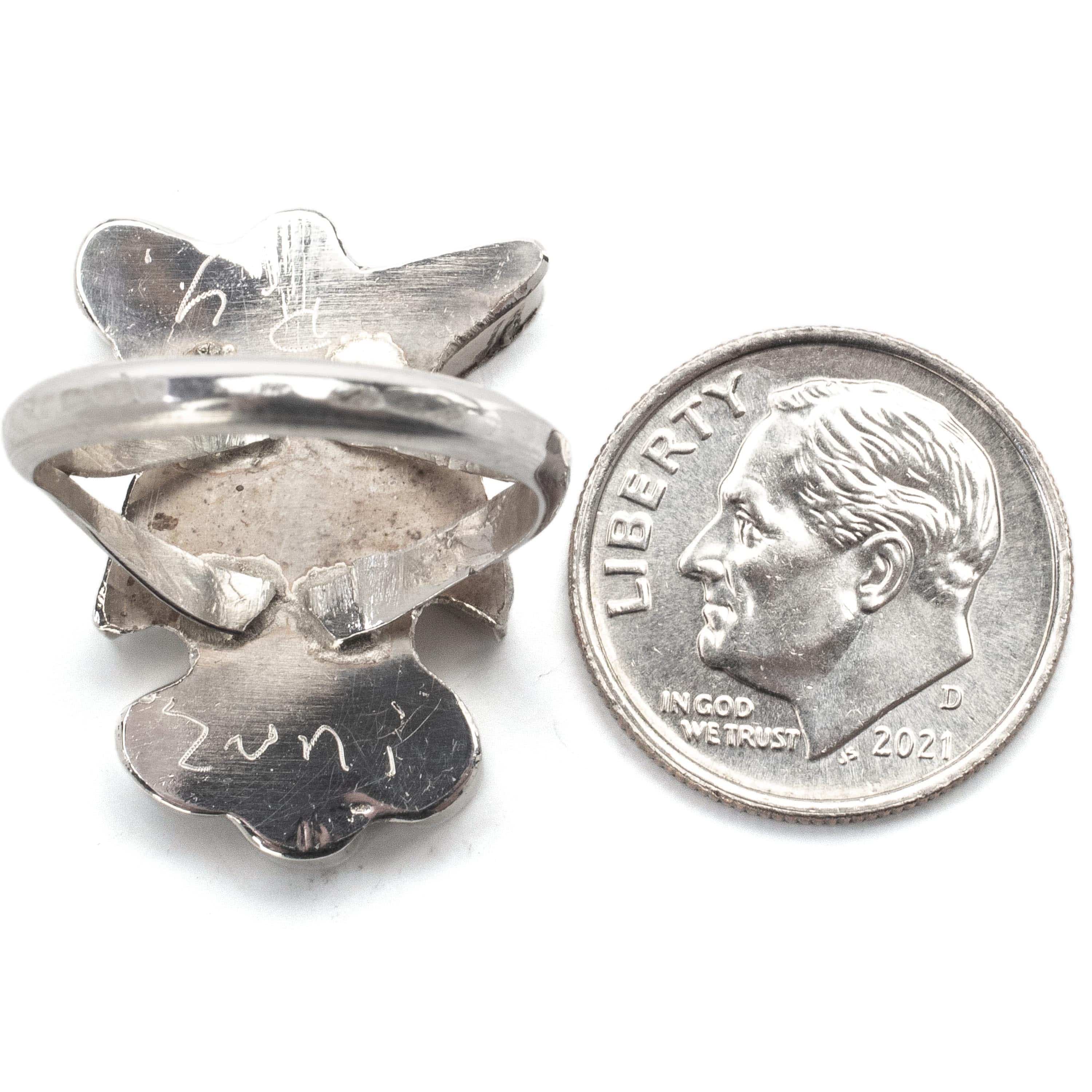 Kalifano Native American Jewelry 6 Pino Yunie Zuni Peyote Bird with Mother of Pearl, Black Onyx, Coral, Malachite, Purple Spiny Oyster Shell, & Turquoise USA Native American Made 925 Sterling Silver Ring NAR200.022.6