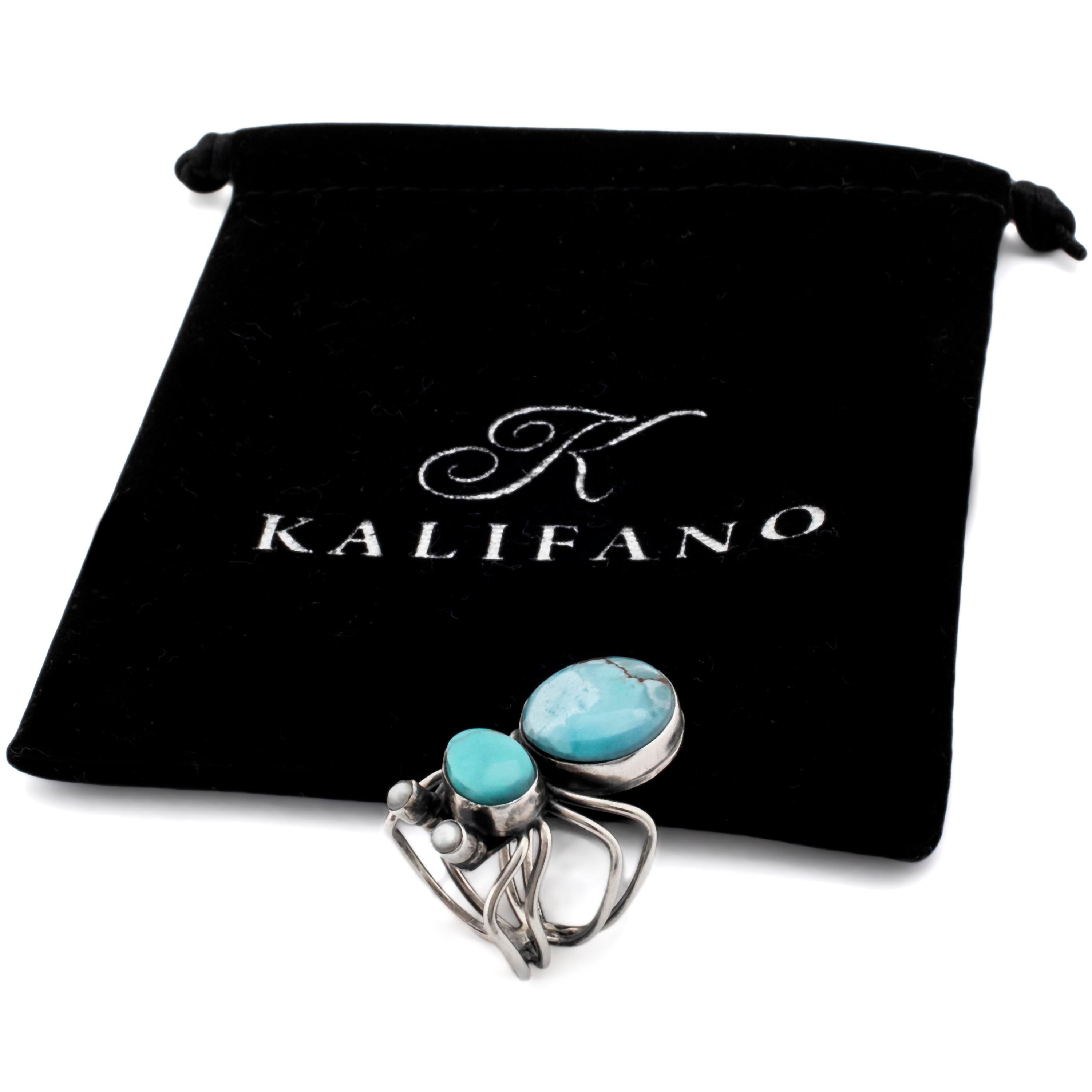 Kalifano Native American Jewelry 7 Herbert Ration Kingman Turquoise and Golden Hills Turquoise Spider USA Native American Made 925 Sterling Silver Ring NAR2400.007.7