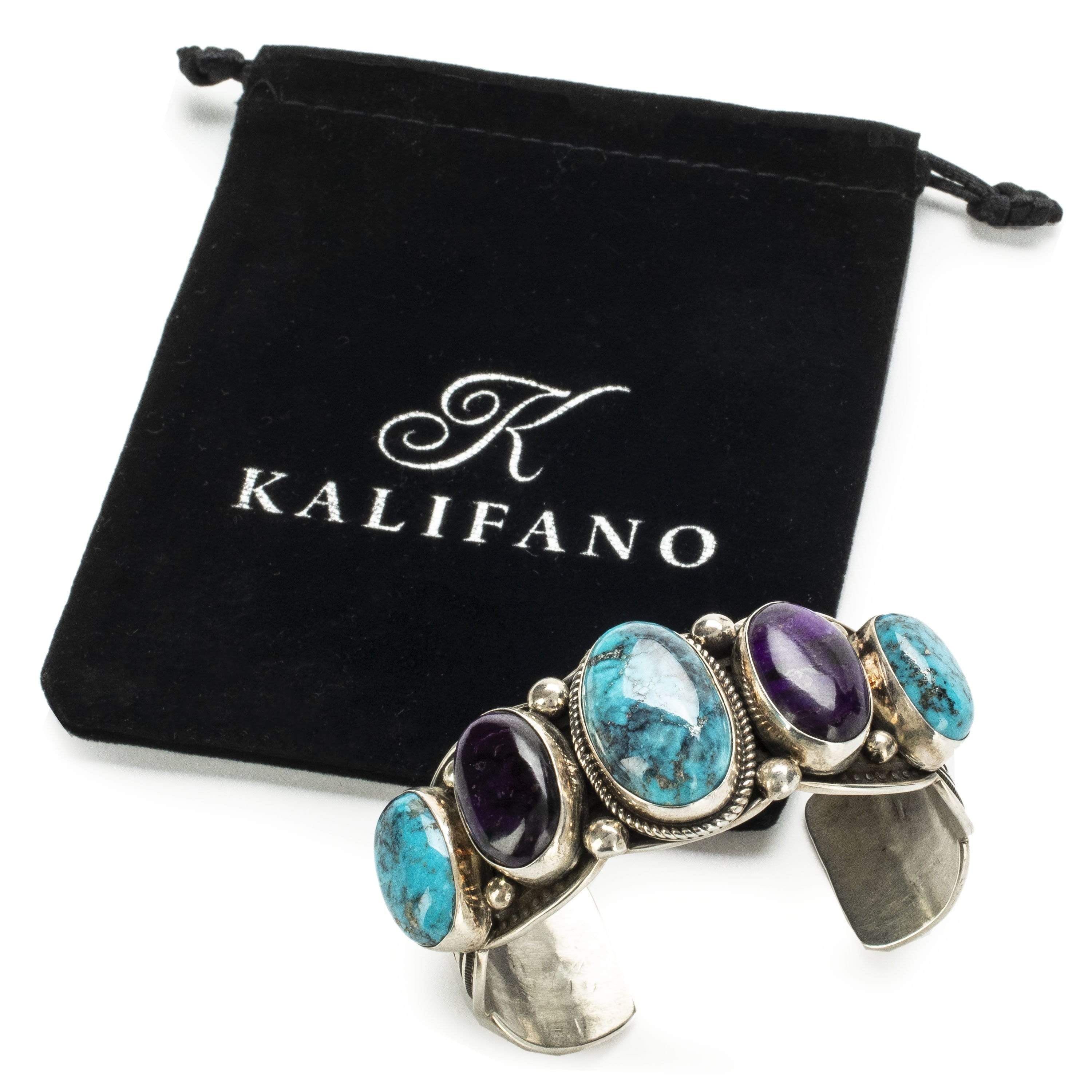 Kalifano Native American Jewelry Albert Jake Lone Mountain Turquoise and Sugilite USA Native American Made 925 Sterling Silver Cuff NAB4500.008