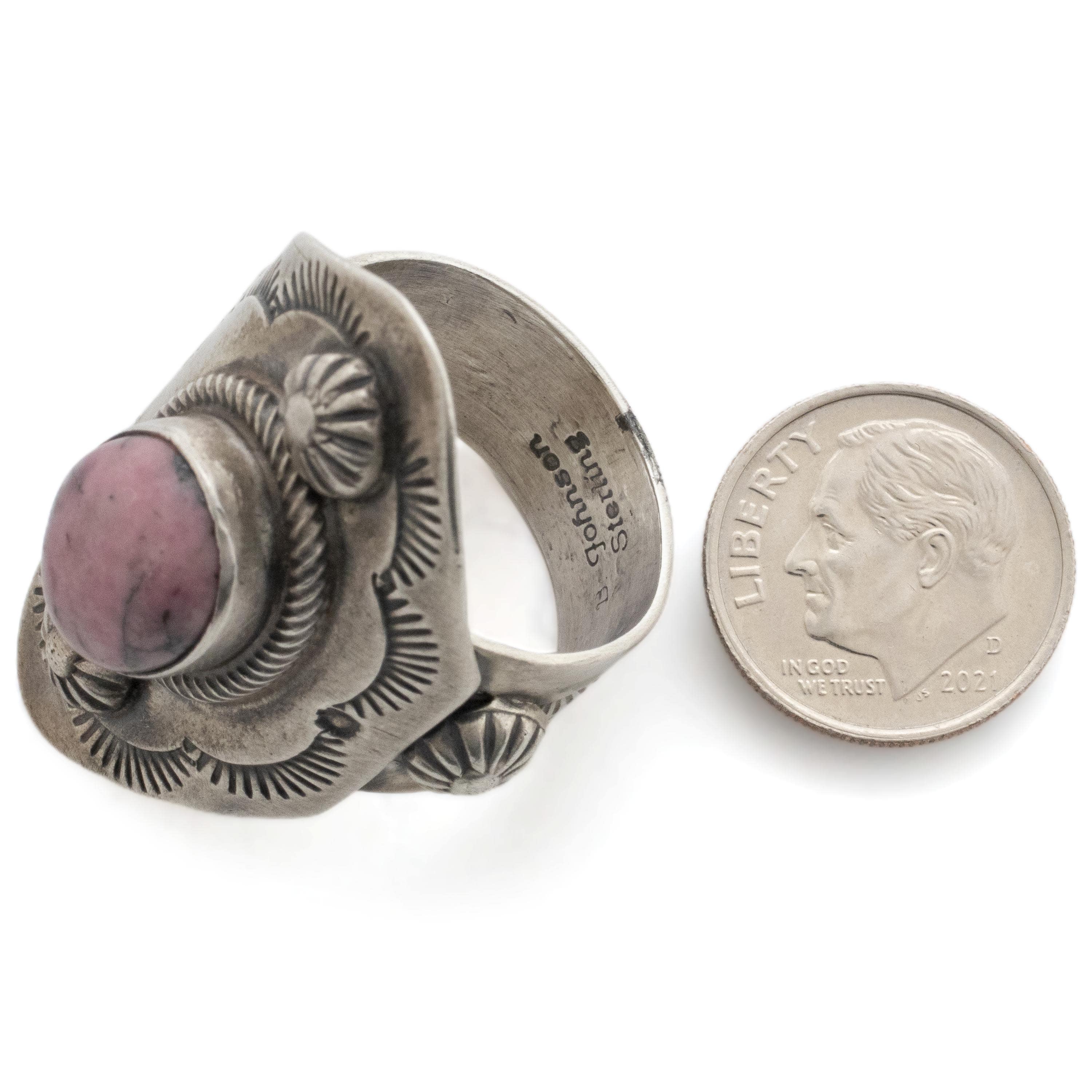 Kalifano Native American Jewelry Bobby Johnson Navajo Rhodonite USA Native American Made 925 Sterling Silver Ring