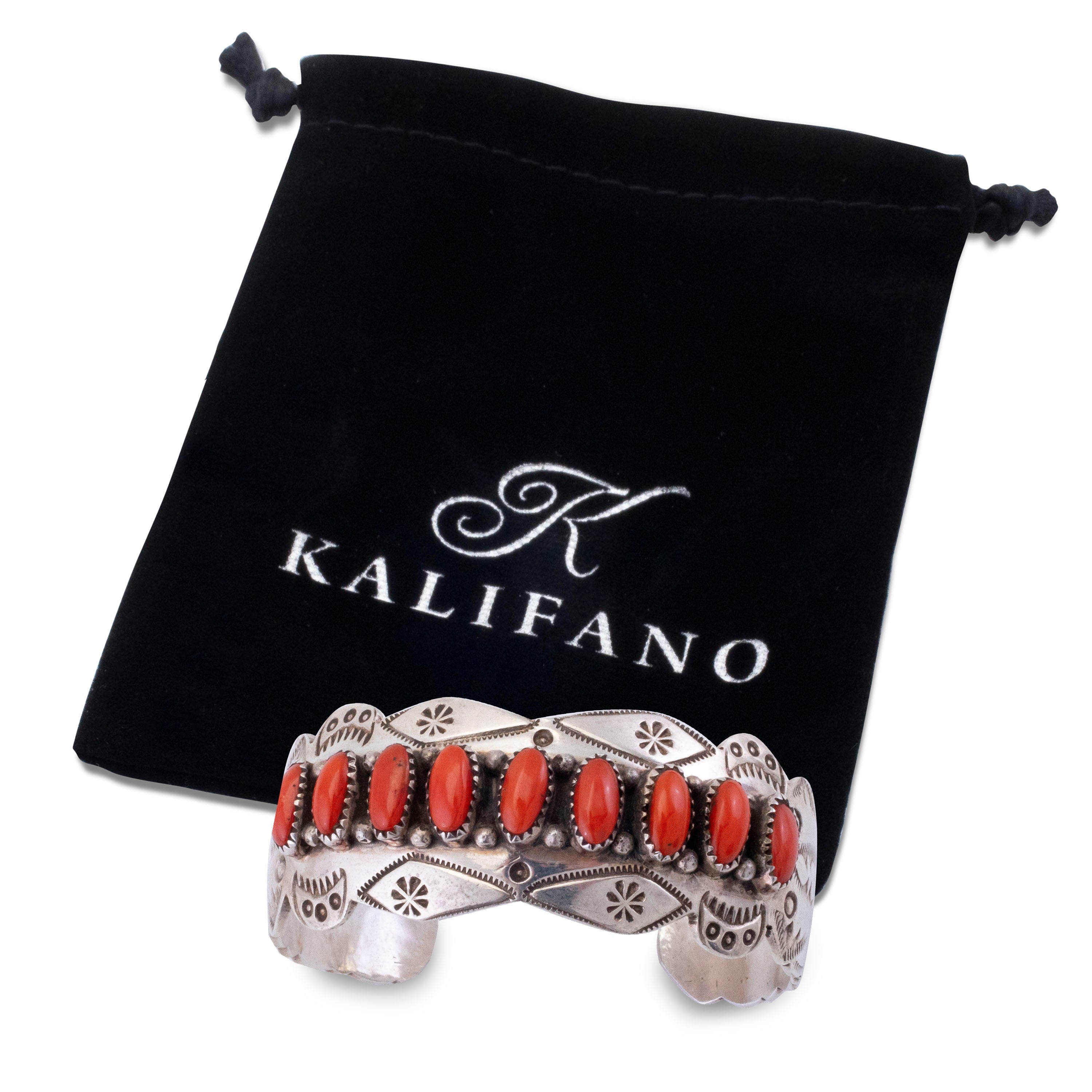 Kalifano Native American Jewelry Effie Garfield Navajo Coral USA Native American Made 925 Sterling Silver Cuff NAB3300.007