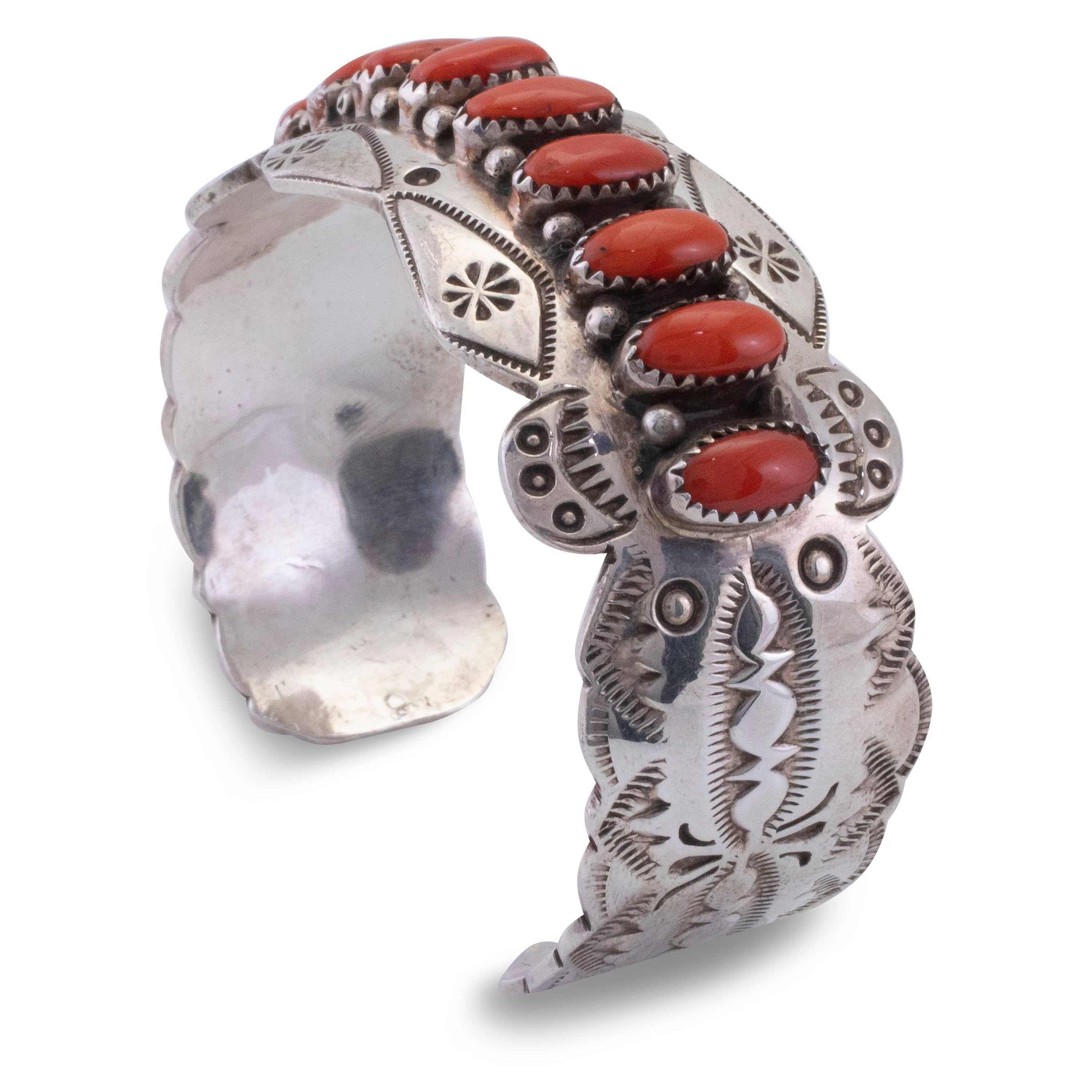 Kalifano Native American Jewelry Effie Garfield Navajo Coral USA Native American Made 925 Sterling Silver Cuff NAB3300.007