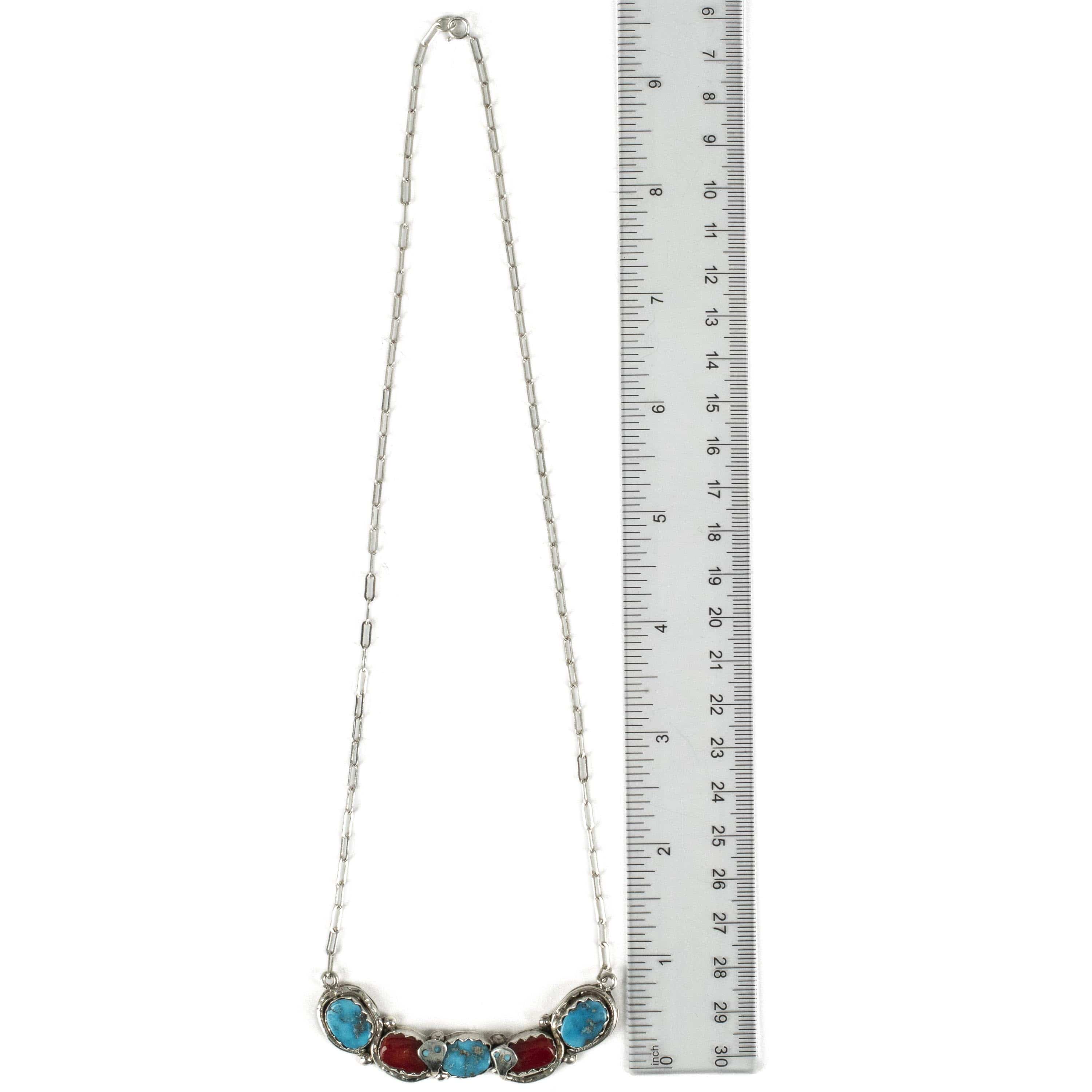 Kalifano Native American Jewelry Gloria G. Kingman Turquoise and Coral Serpentine Zuni USA Native American Made 925 Sterling Silver Necklace NAN1600.002