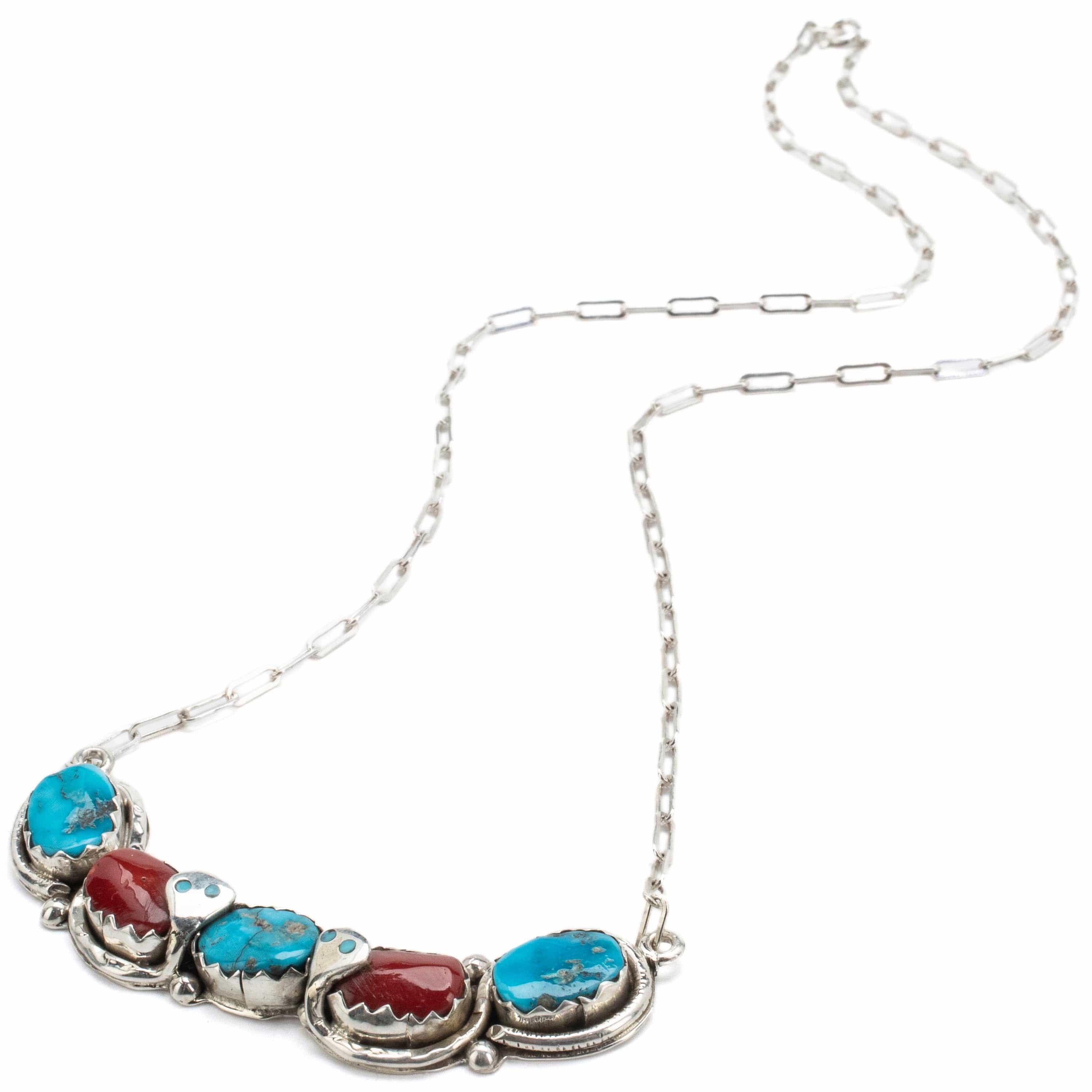 Kalifano Native American Jewelry Gloria G. Kingman Turquoise and Coral Serpentine Zuni USA Native American Made 925 Sterling Silver Necklace NAN1600.002