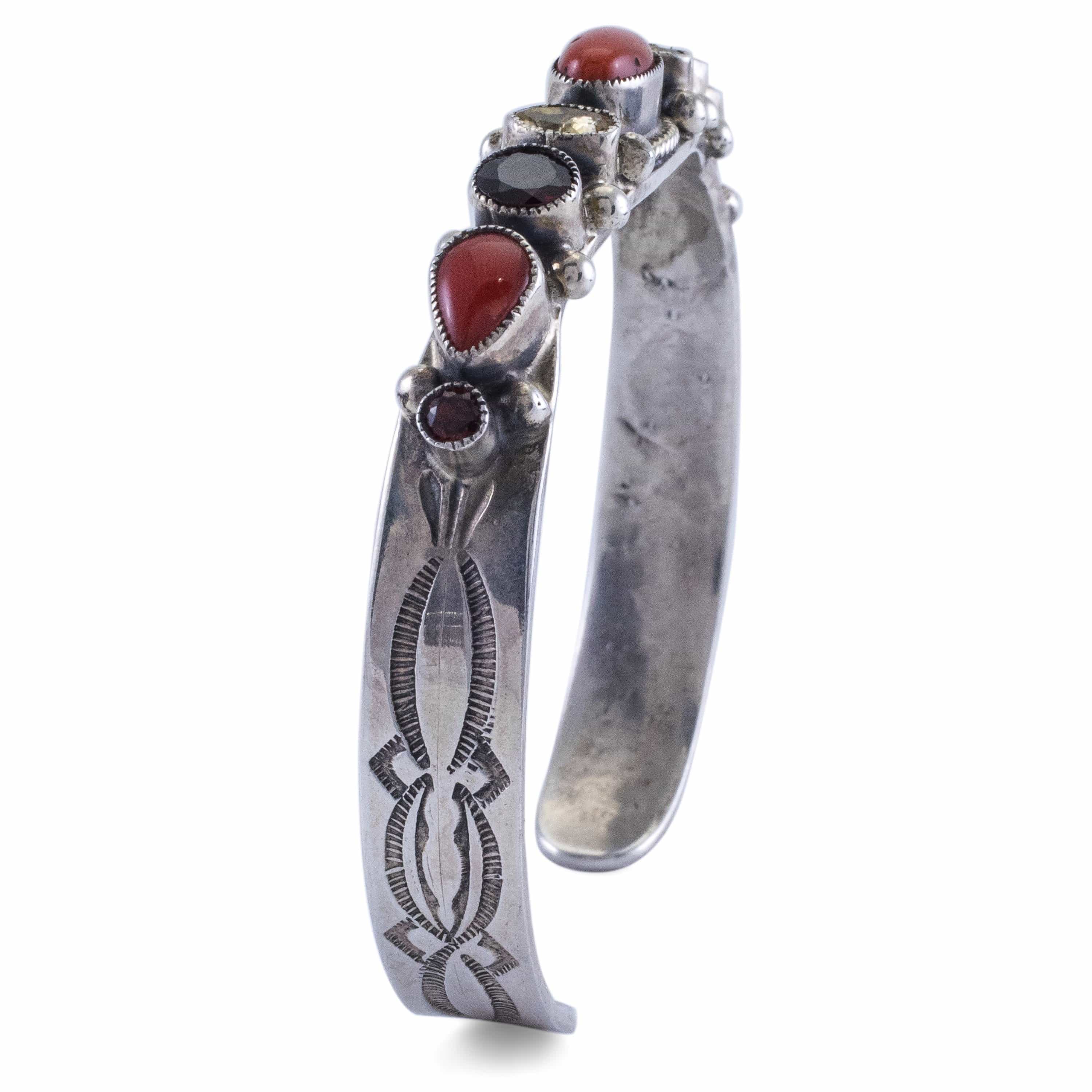 Kalifano Native American Jewelry Leo Feeney Coral, Citrine, and Garnet USA Native American Made 925 Sterling Silver Cuff NAB1600.005
