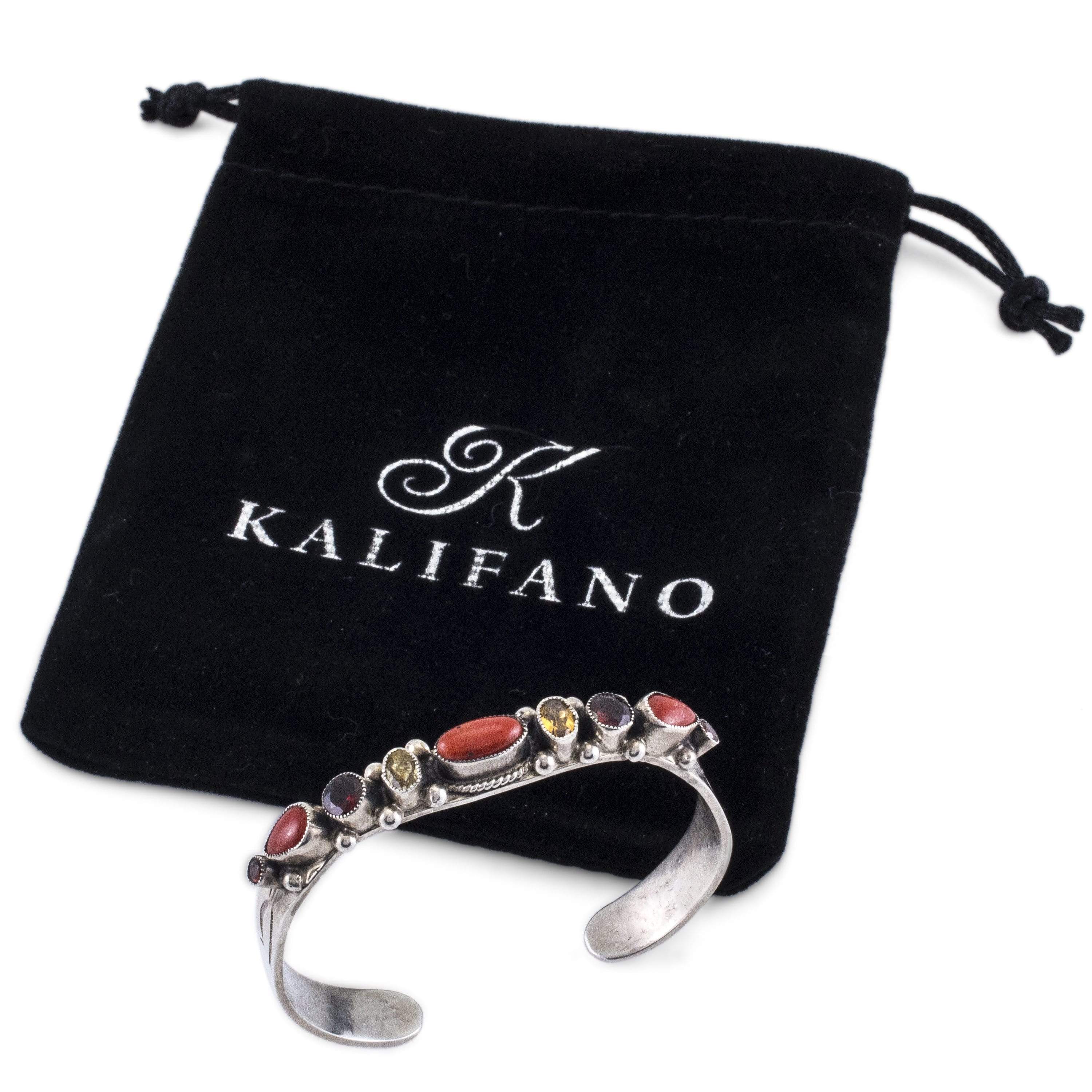 Kalifano Native American Jewelry Leo Feeney Coral, Citrine, and Garnet USA Native American Made 925 Sterling Silver Cuff NAB1600.005