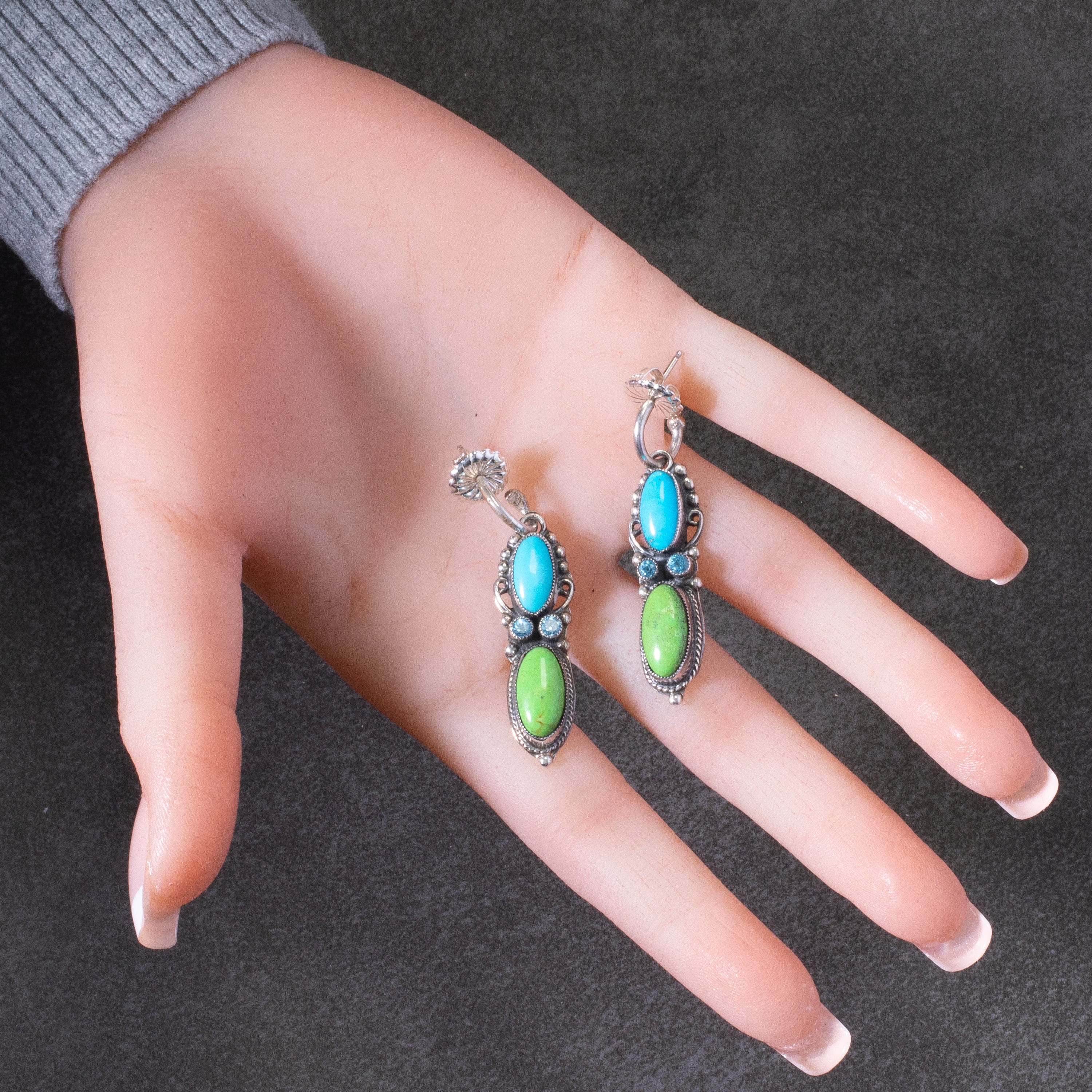 Kalifano Native American Jewelry Leo Feeney Navajo Sleeping Beauty Turquoise, Gaspite, and Blue Topaz USA Native American Made 925 Sterling Silver Dangly Earrings NAE1200.009