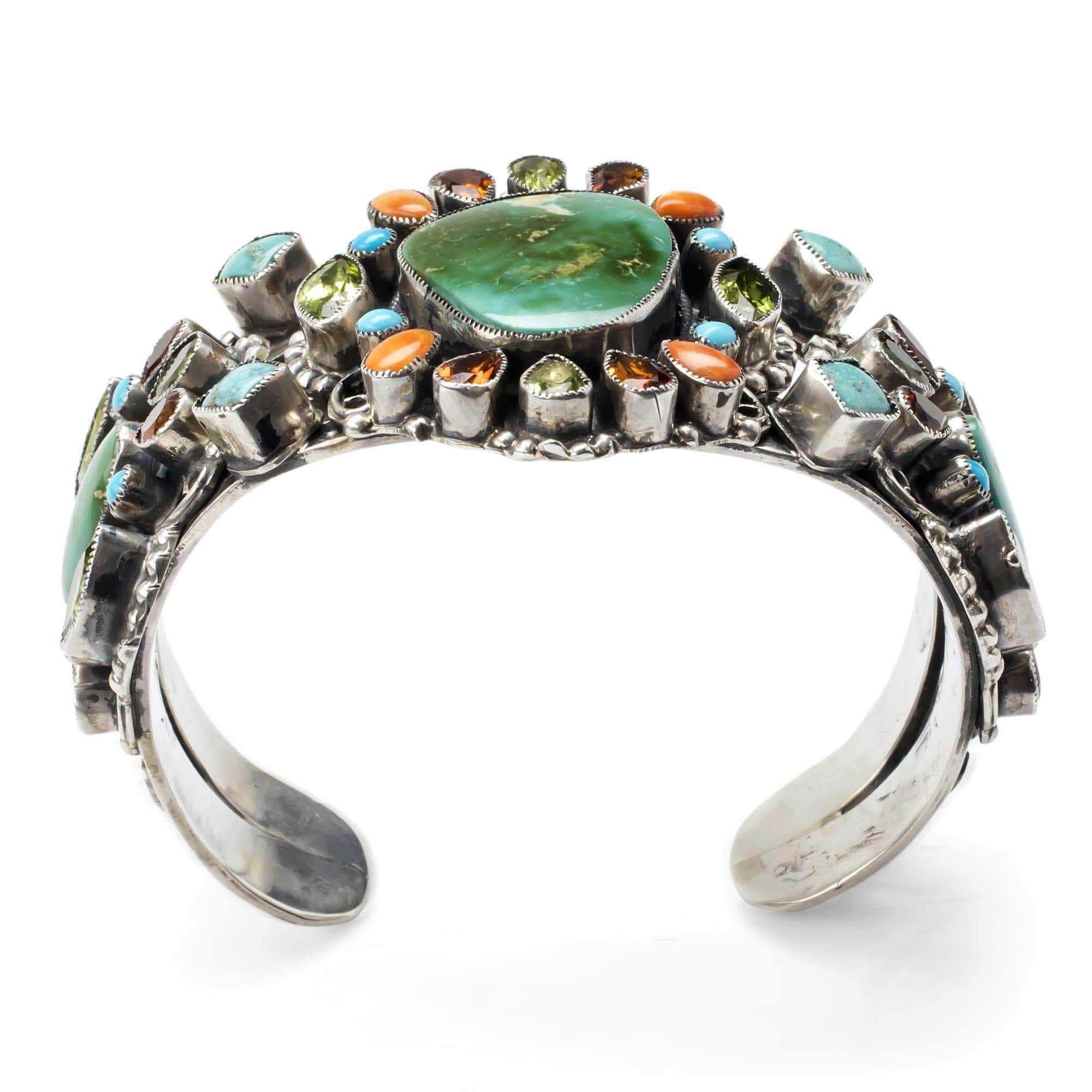 Kalifano Native American Jewelry Leo Feeney Royston & Sleeping Beauty Turquoise, Orange Spiny Oyster Shell, Peridot, and Hessonite USA Native American Made 925 Sterling Silver Cuff NAB4500.002