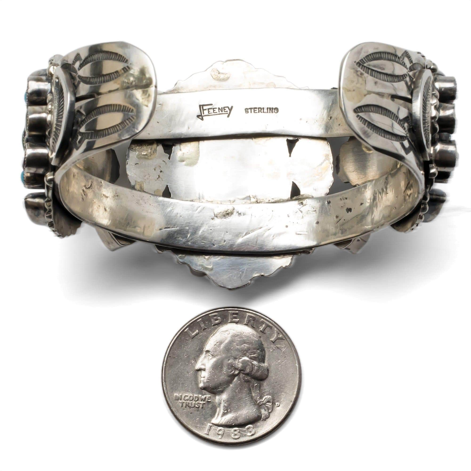 Kalifano Native American Jewelry Leo Feeney Royston & Sleeping Beauty Turquoise, Orange Spiny Oyster Shell, Peridot, and Hessonite USA Native American Made 925 Sterling Silver Cuff NAB4500.002