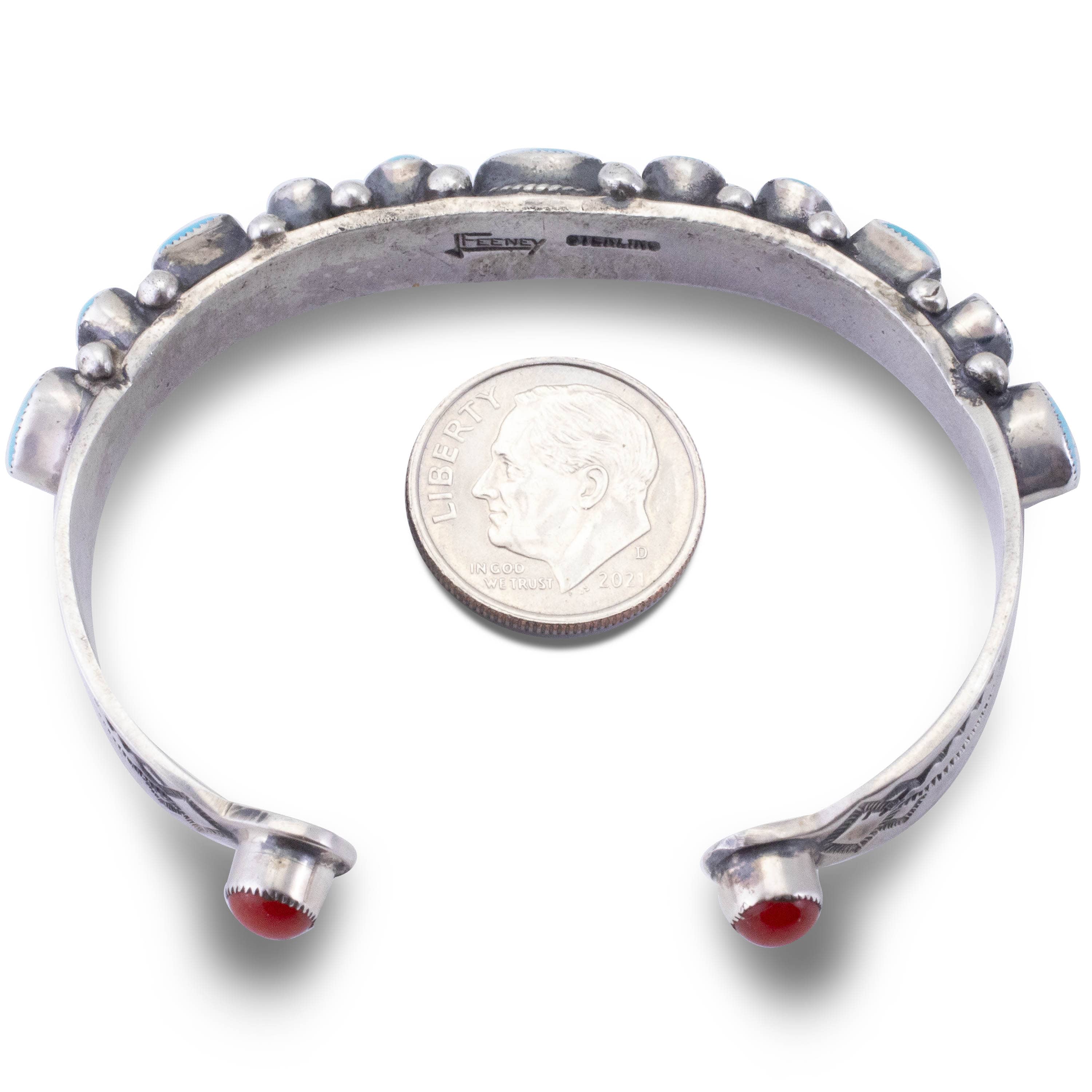 Kalifano Native American Jewelry Leo Feeney Sleeping Beauty Turquoise with Coral Accents USA Native American Made 925 Sterling Silver Cuff NAB1800.026