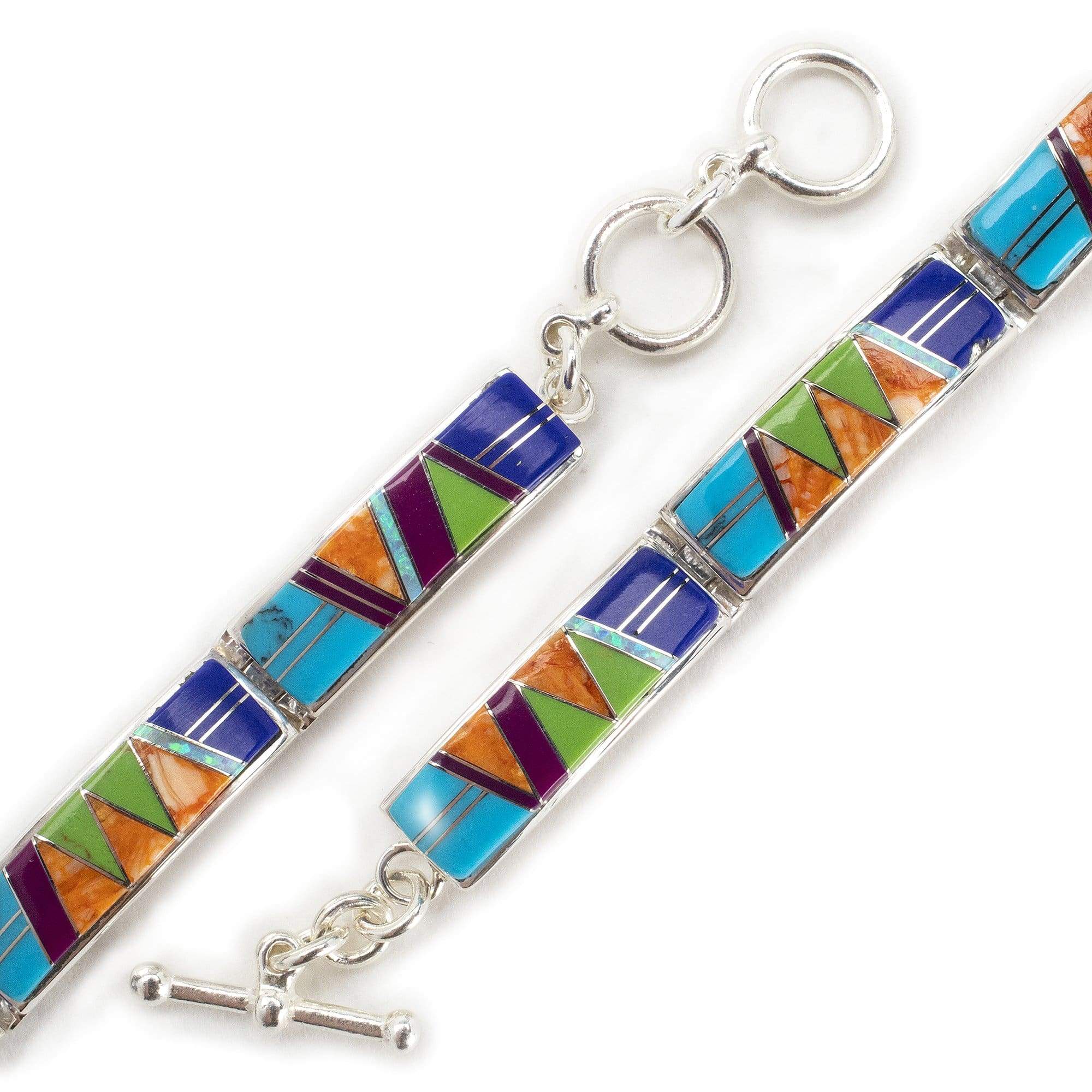 Kalifano Native American Jewelry NMB.0565.MT - Multi Gemstone 925 Sterling Silver Bracelet USA Handmade with Opal Accent- 7 links, 7 inches with 1 inch toggle clasp extender NMB.0565.MT