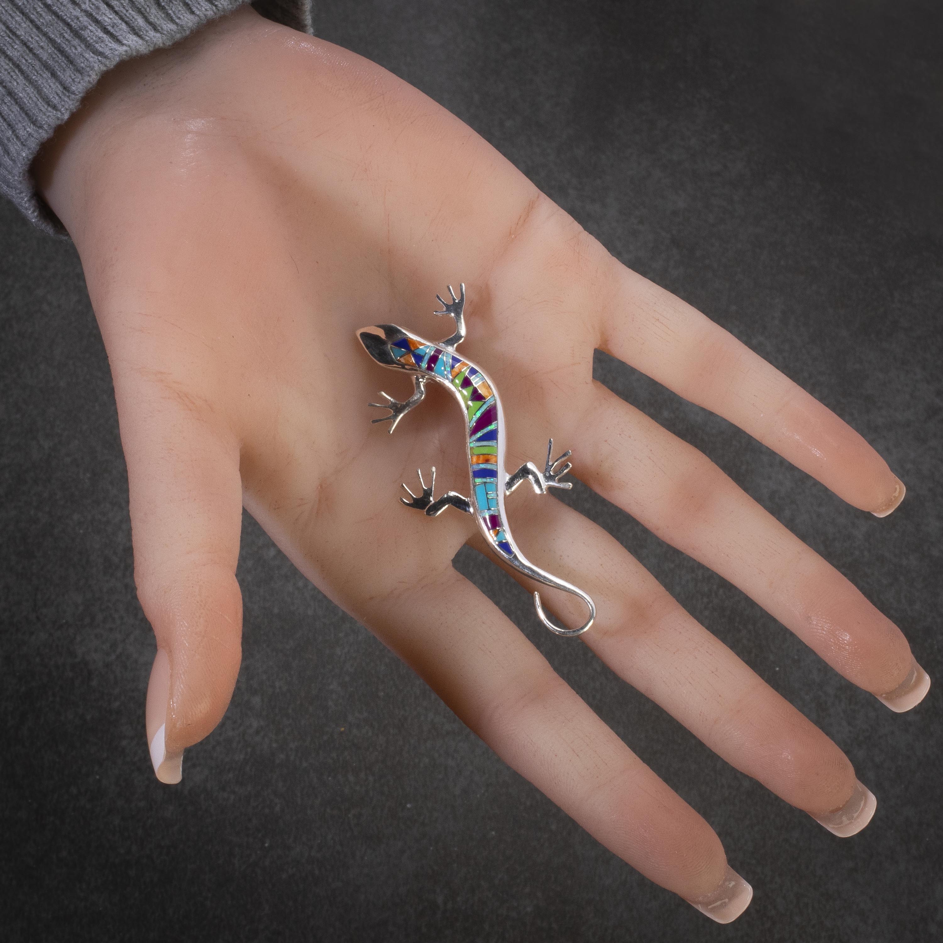 KALIFANO Pendants Multi Gemstone Lizard 925 Sterling Silver Pin USA Handmade with Opal Accent NMP.0597.MT