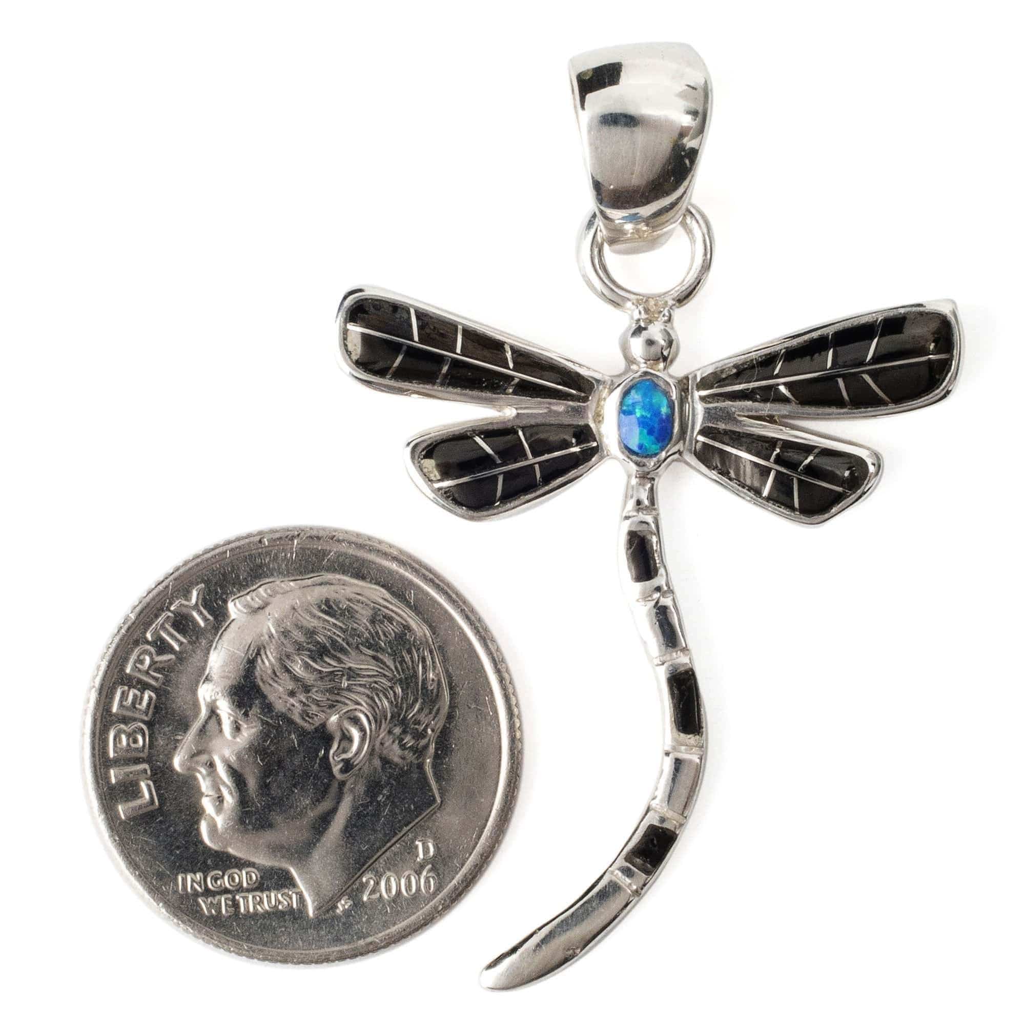 Kalifano Southwest Silver Jewelry Black Onyx Dragonfly 925 Sterling Silver Pendant USA Handmade with Aqua Opal Accent NMN.0893.BO