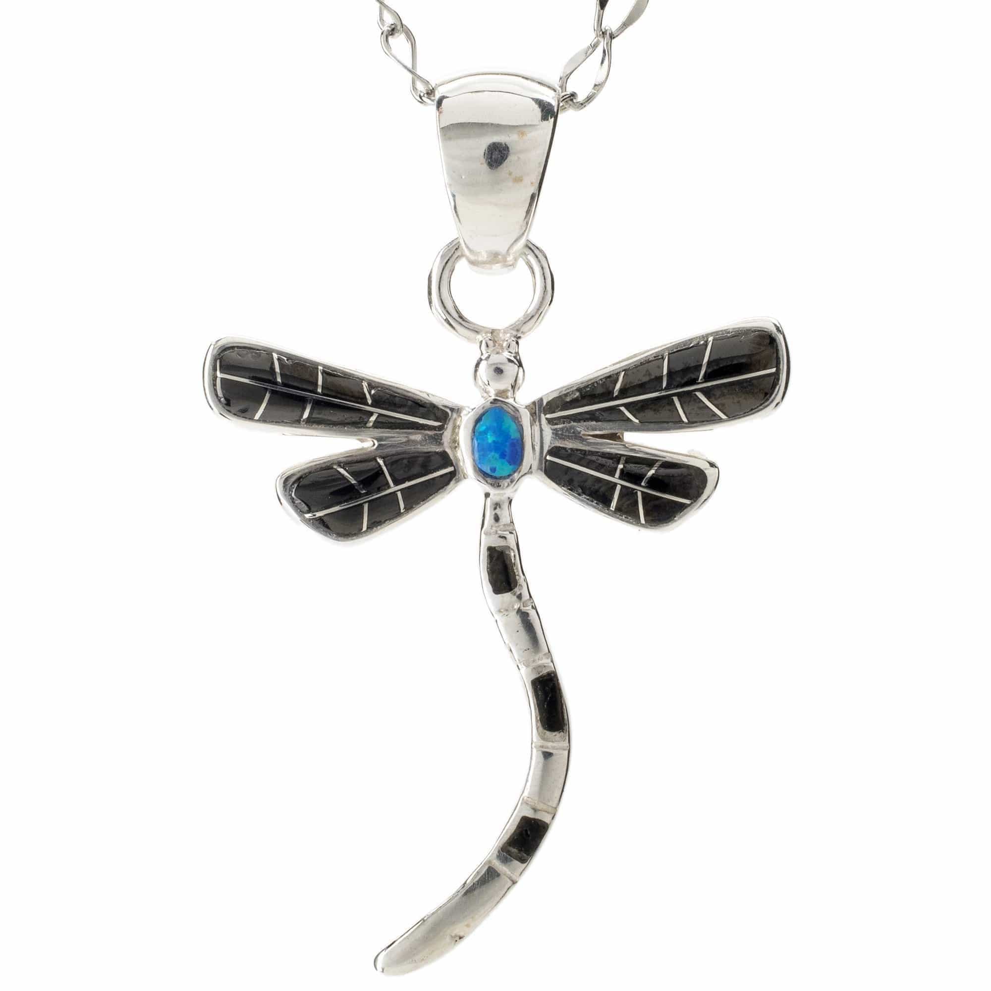 Kalifano Southwest Silver Jewelry Black Onyx Dragonfly 925 Sterling Silver Pendant USA Handmade with Aqua Opal Accent NMN.0893.BO