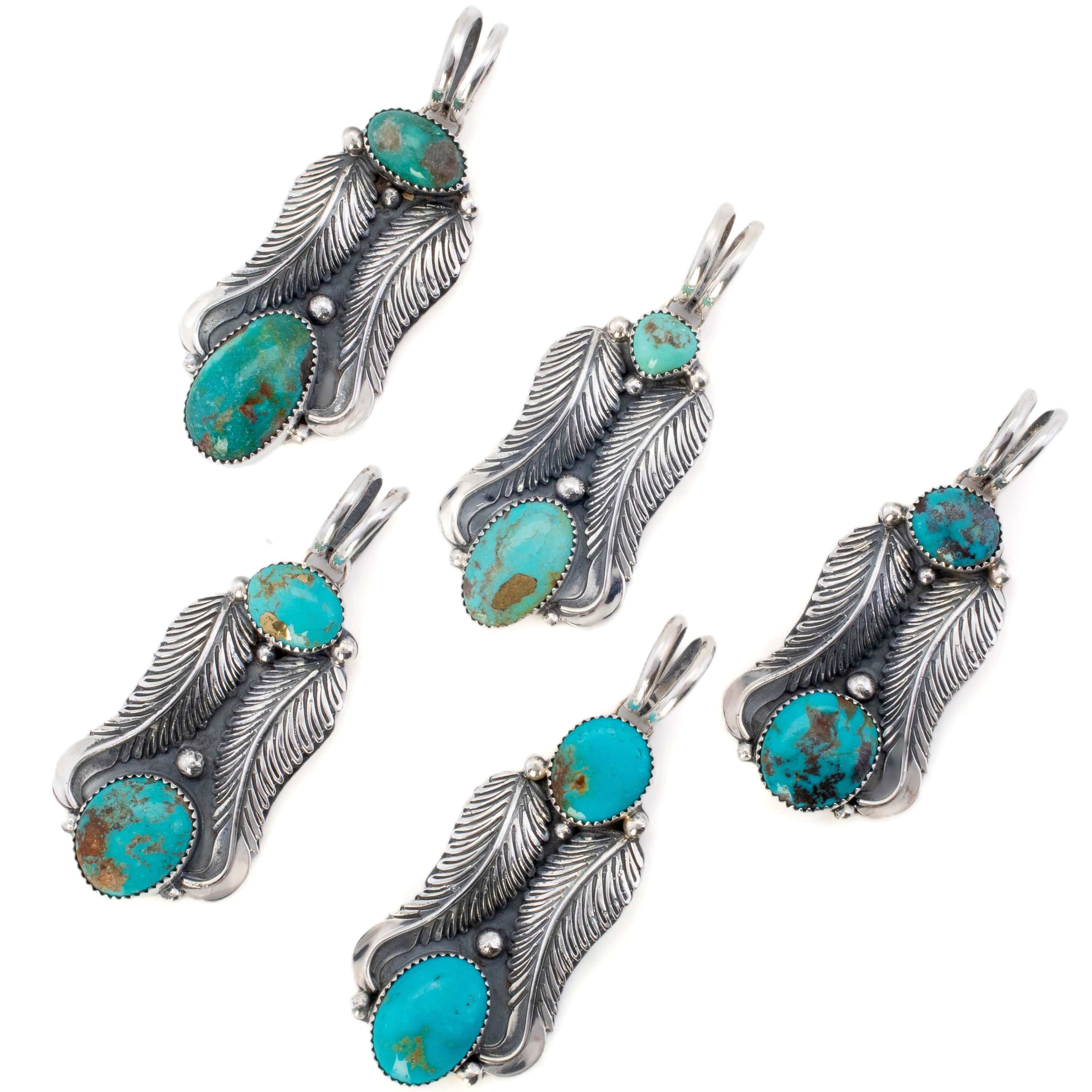 Kalifano Southwest Silver Jewelry Kingman Turquoise Feather USA Handmade 925 Sterling Silver Pendant NMN700.001