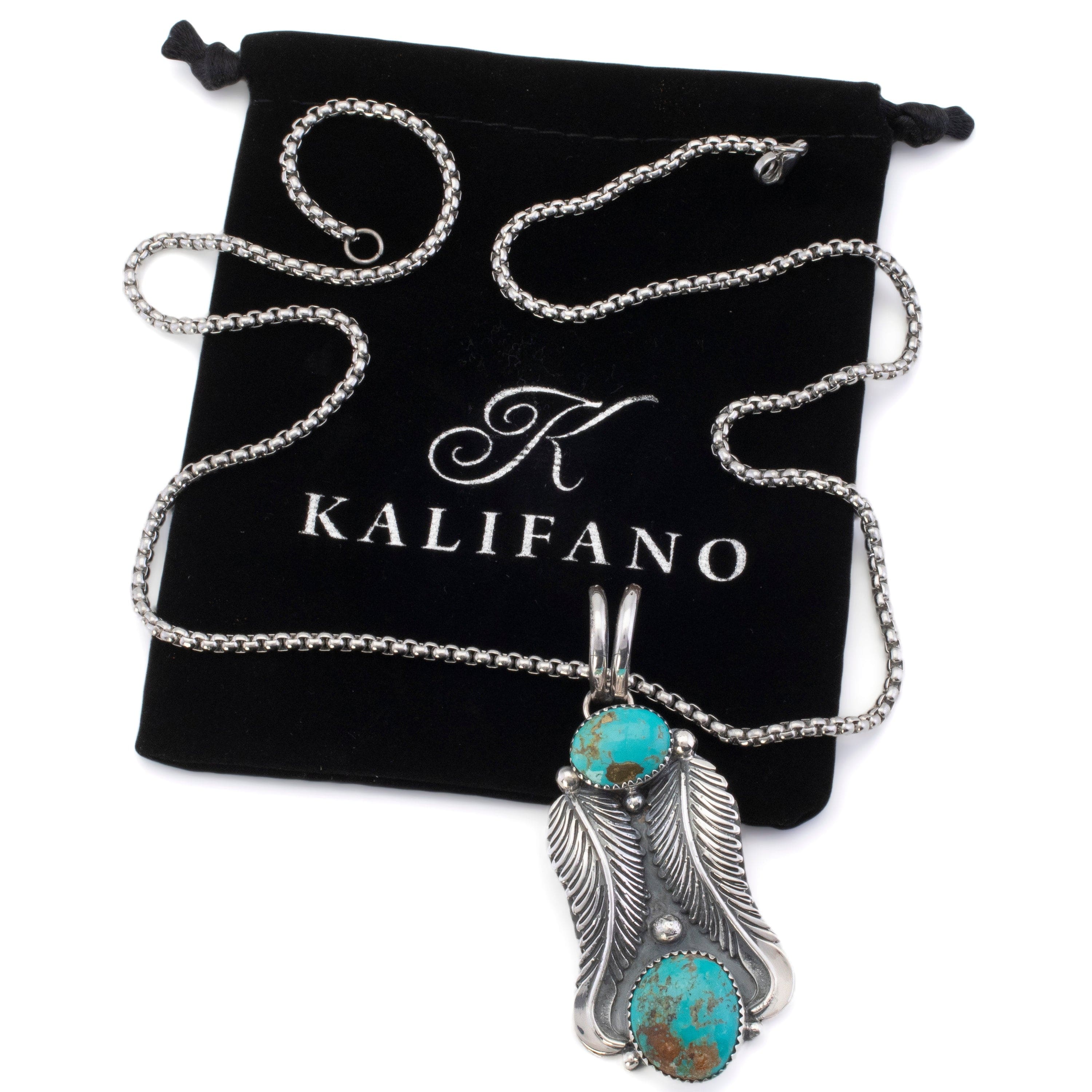 Kalifano Southwest Silver Jewelry Kingman Turquoise Feather USA Handmade 925 Sterling Silver Pendant NMN700.001