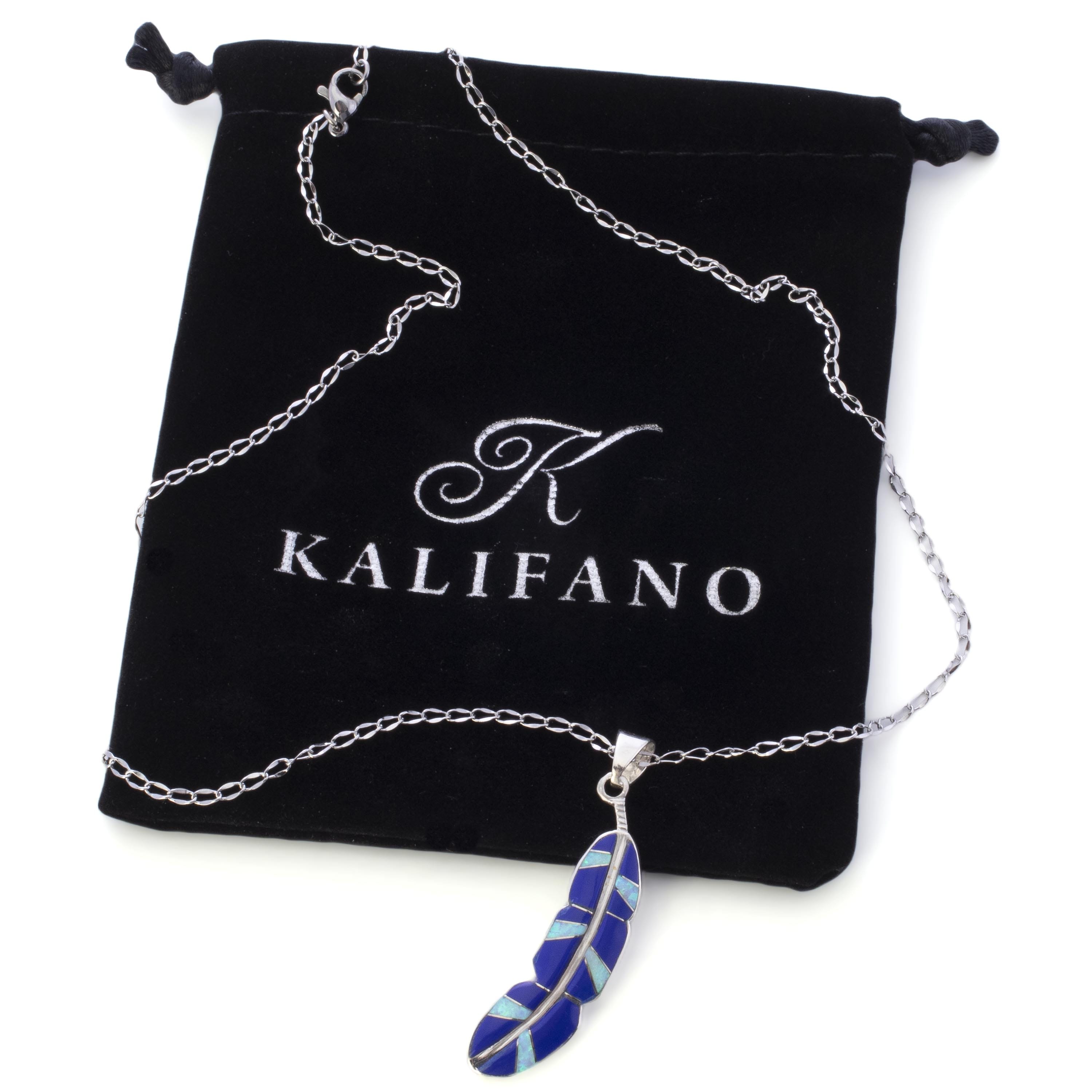 Kalifano Southwest Silver Jewelry Lapis Feather 925 Sterling Silver Pendant USA Handmade with Opal Accent NMN.2312.LP