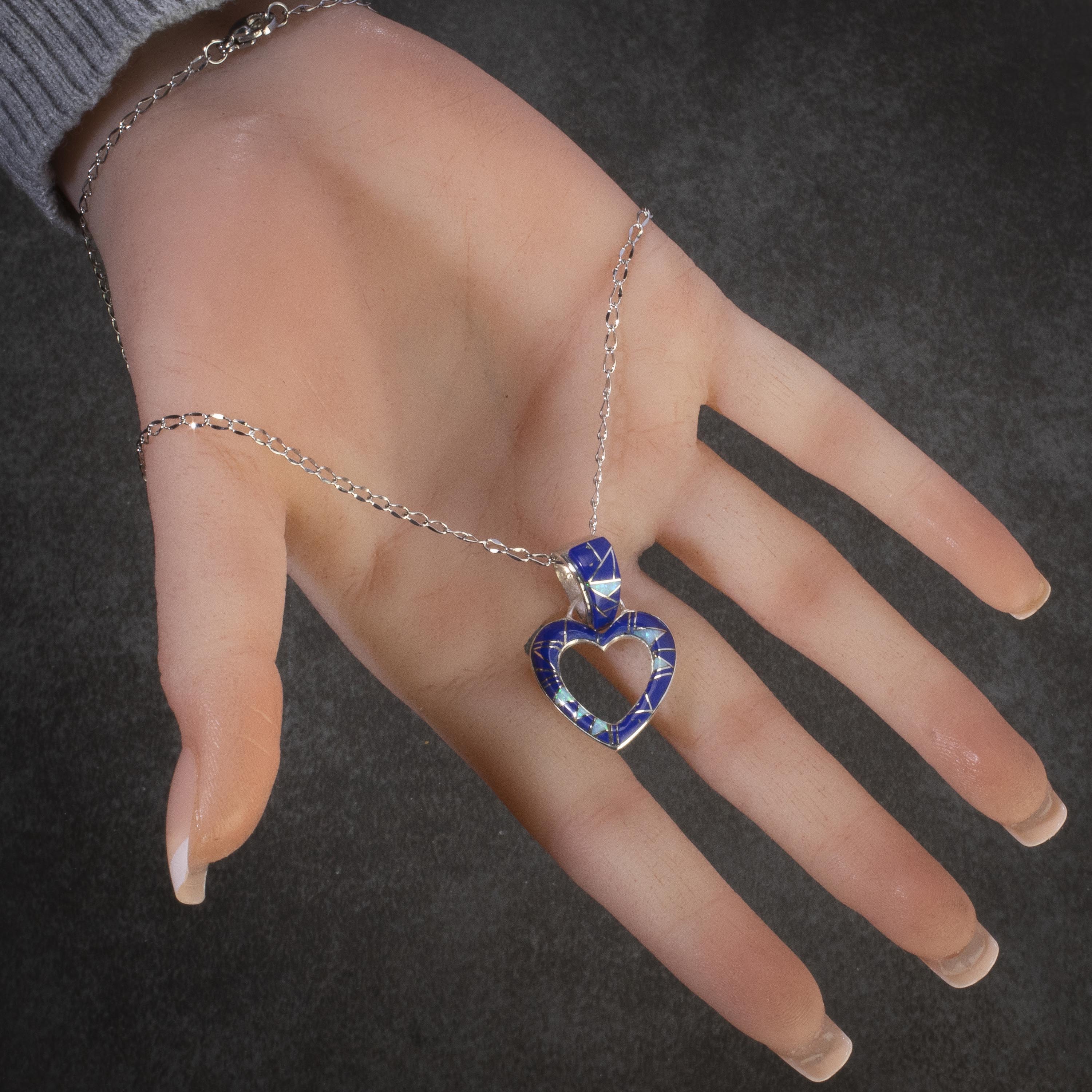 KALIFANO Southwest Silver Jewelry Lapis Heart Handmade with Sterling Silver Pendant and Opal Accent NMN.2165.LP