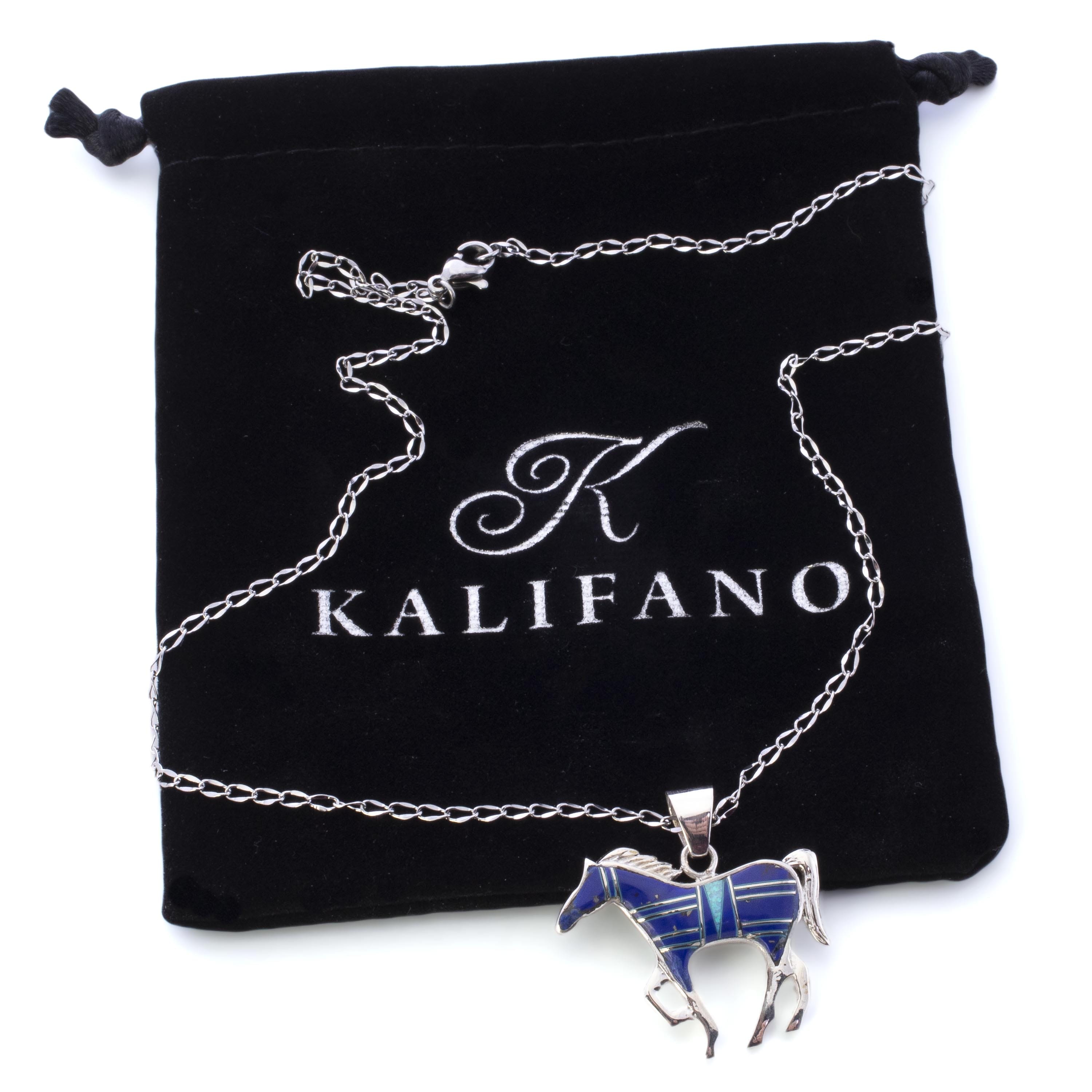 Kalifano Southwest Silver Jewelry Lapis Horse 925 Sterling Silver Pendant USA Handmade with Opal Accent NMN.1089.LP