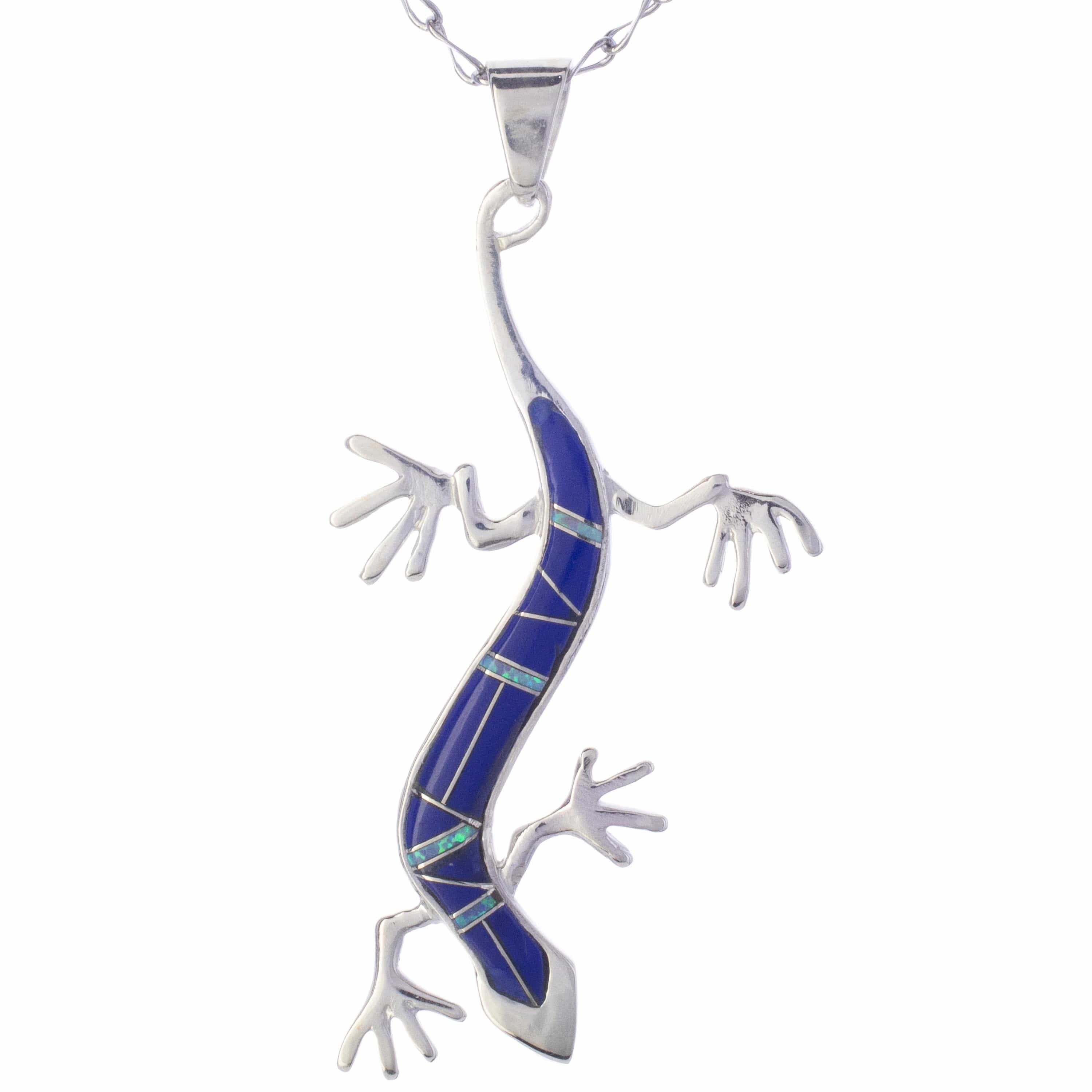 Kalifano Southwest Silver Jewelry Lapis Lizard 925 Sterling Silver Pendant USA Handmade with Opal Accent NMN.2164.LP