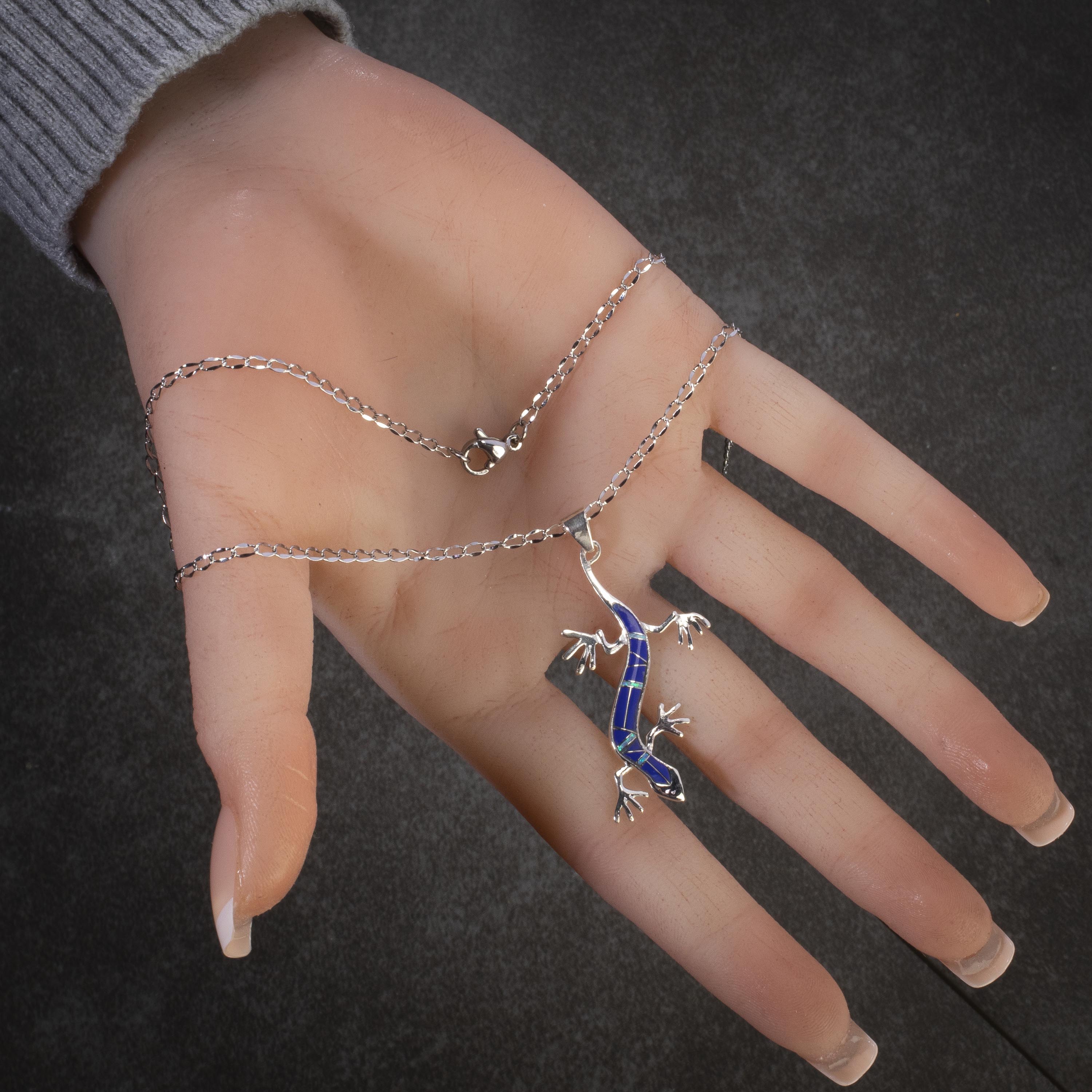 Kalifano Southwest Silver Jewelry Lapis Lizard 925 Sterling Silver Pendant USA Handmade with Opal Accent NMN.2164.LP
