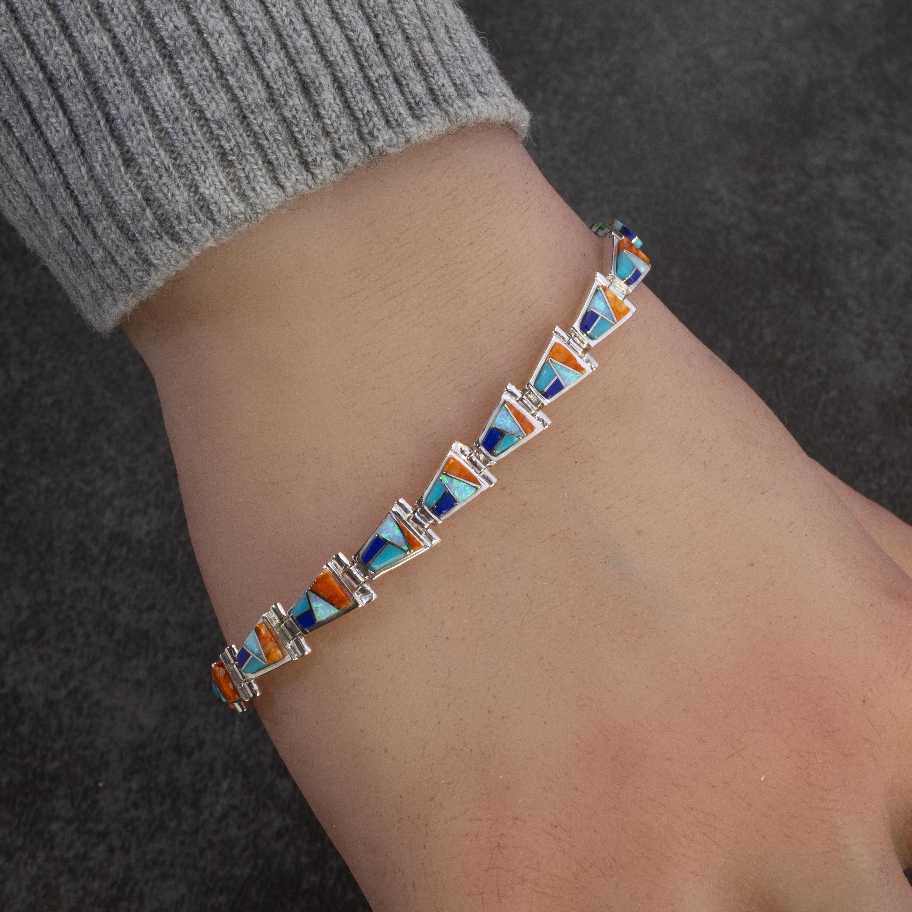 Kalifano Southwest Silver Jewelry Multi Gemstone 925 Sterling Silver Bracelet USA Handmade with Opal Accent NMB.0543.MT