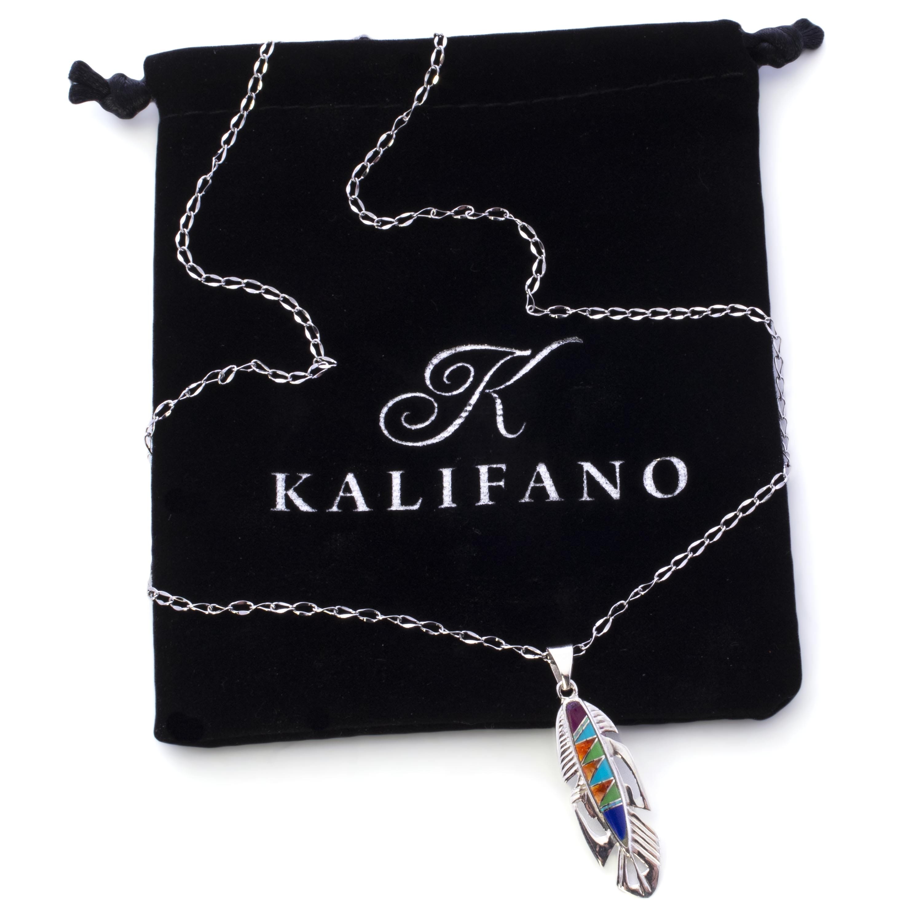 Kalifano Southwest Silver Jewelry Multi Gemstone Feather 925 Sterling Silver Pendant USA Handmade with Opal Accent NMN.2113.MT