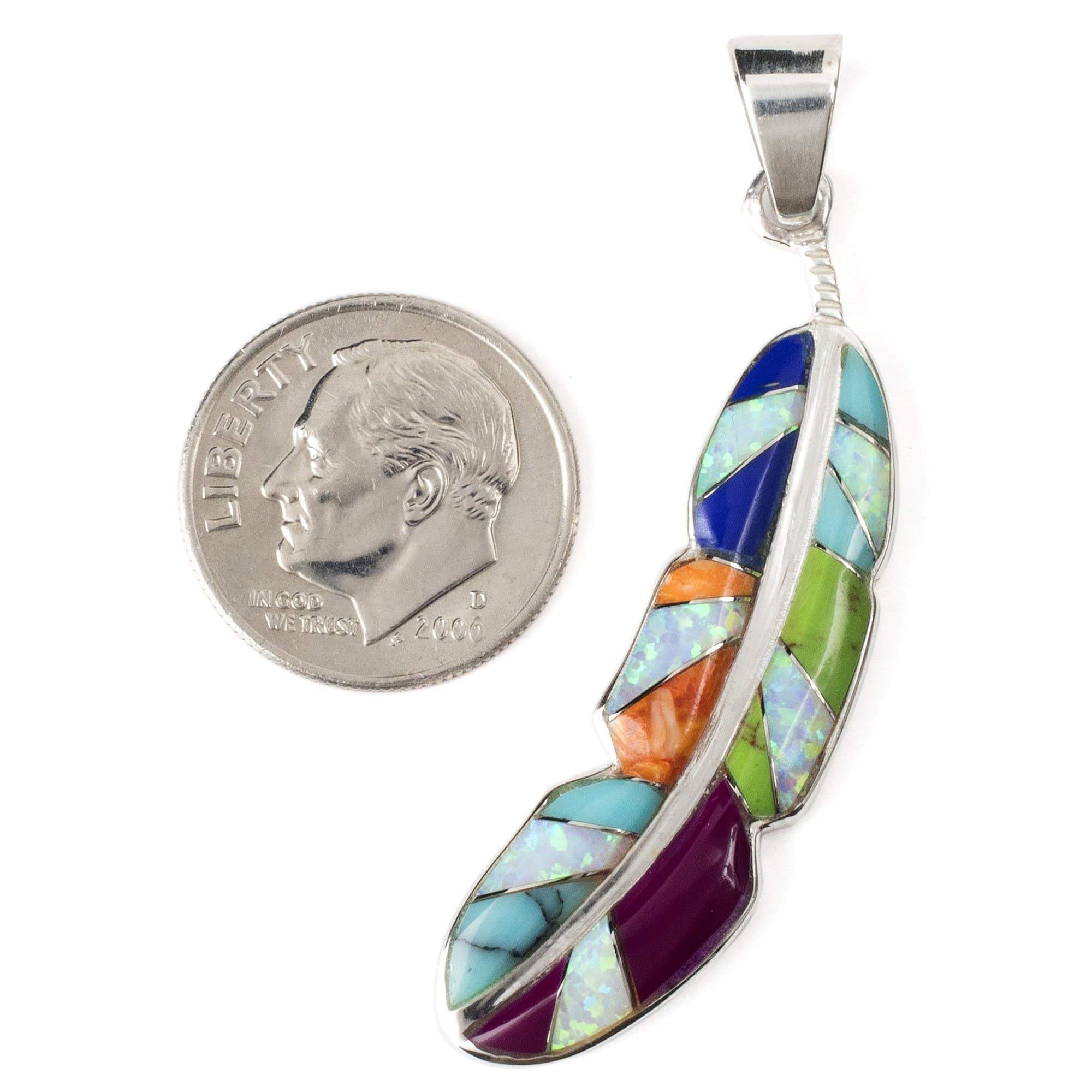 Kalifano Southwest Silver Jewelry Multi Gemstone Feather 925 Sterling Silver Pendant USA Handmade with Opal Accent NMN.2312.MT
