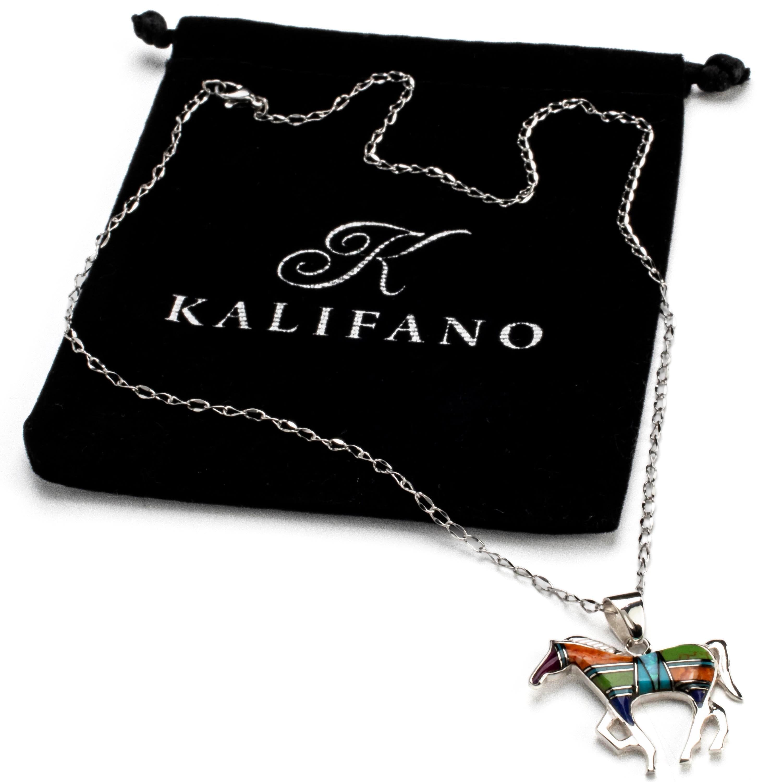 Kalifano Southwest Silver Jewelry Multi Gemstone Horse Handmade with Sterling Silver Pendant and Opal Accent NMN.1089.MT