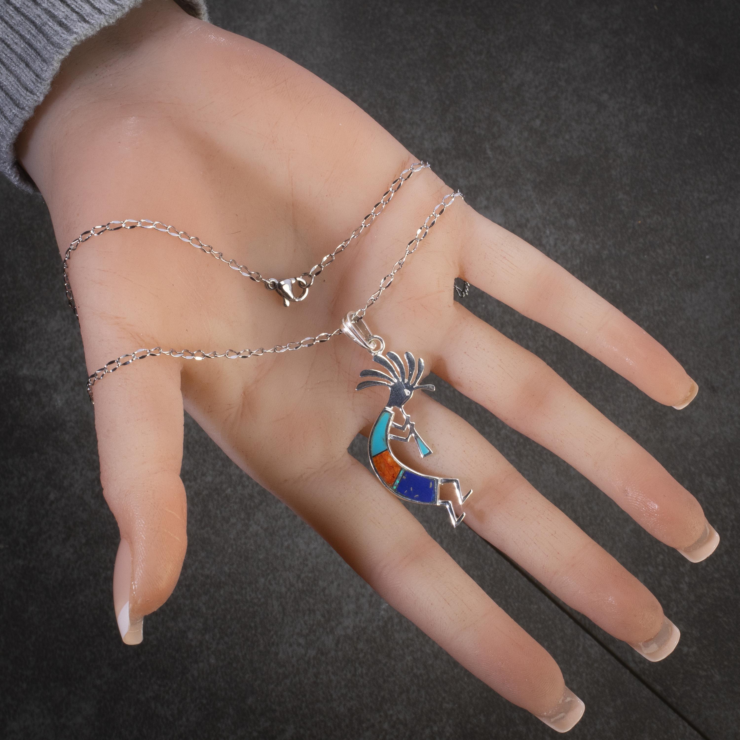 Kalifano Southwest Silver Jewelry Multi Gemstone Kokopelli 925 Sterling Silver Pendant USA Handmade with Opal Accent NMN.0441.MT