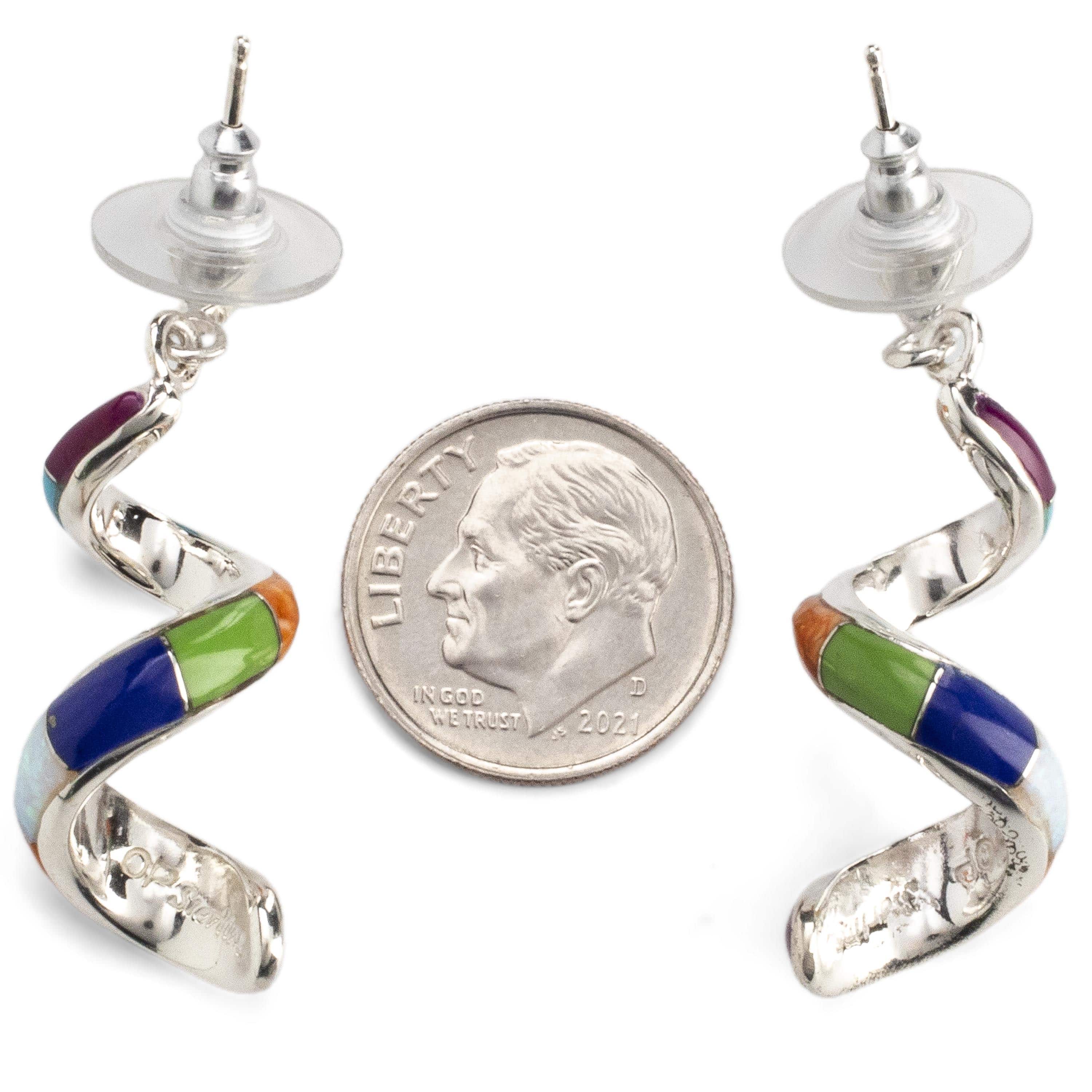 Kalifano Southwest Silver Jewelry Multi Gemstone Spiral Dangle Earrings Handmade with Sterling Silver and Opal Accent NME.0416.MT