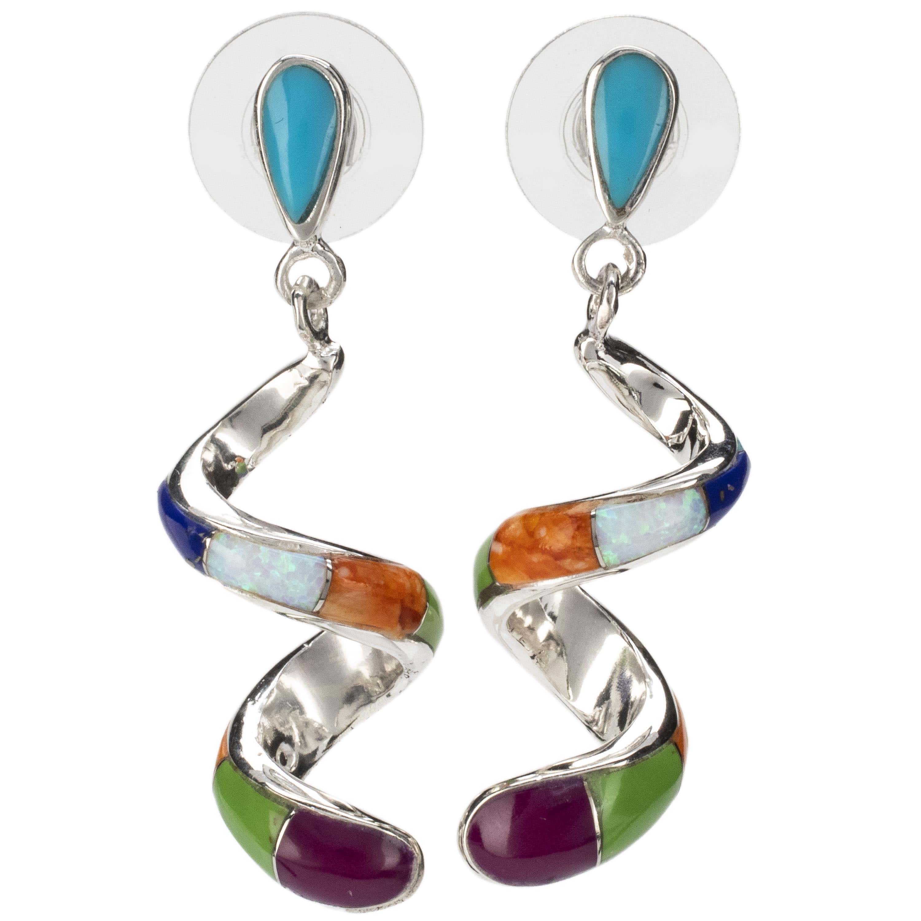 Kalifano Southwest Silver Jewelry Multi Gemstone Spiral Dangle Earrings Handmade with Sterling Silver and Opal Accent NME.0416.MT