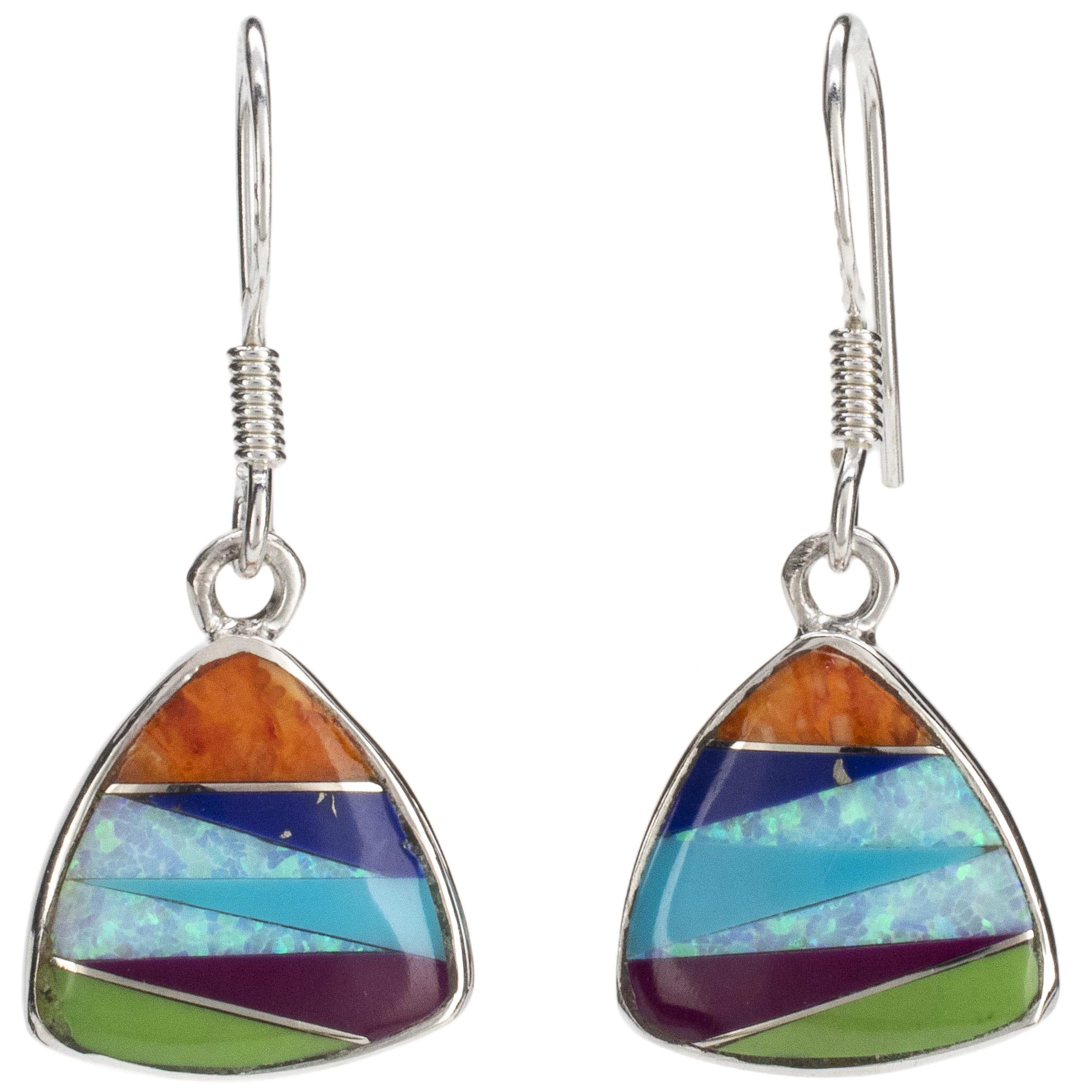 Kalifano Southwest Silver Jewelry Multi Gemstone Triangle Earrings Handmade with Sterling Silver and Opal Accent NME.2071.MT