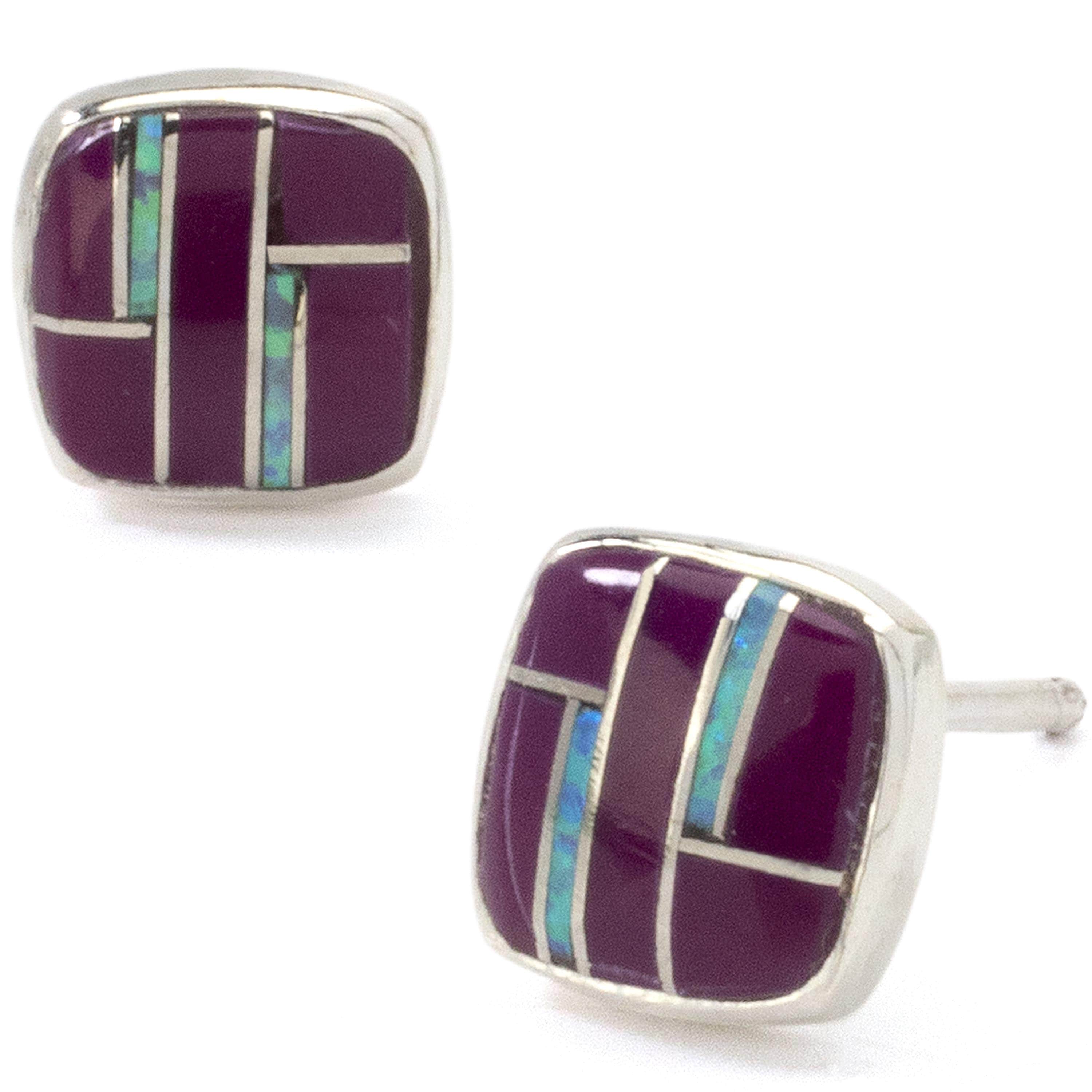 Kalifano Southwest Silver Jewelry Sugilite Square Earrings Handmade with Sterling Silver and Opal Accent NME.2241.SG