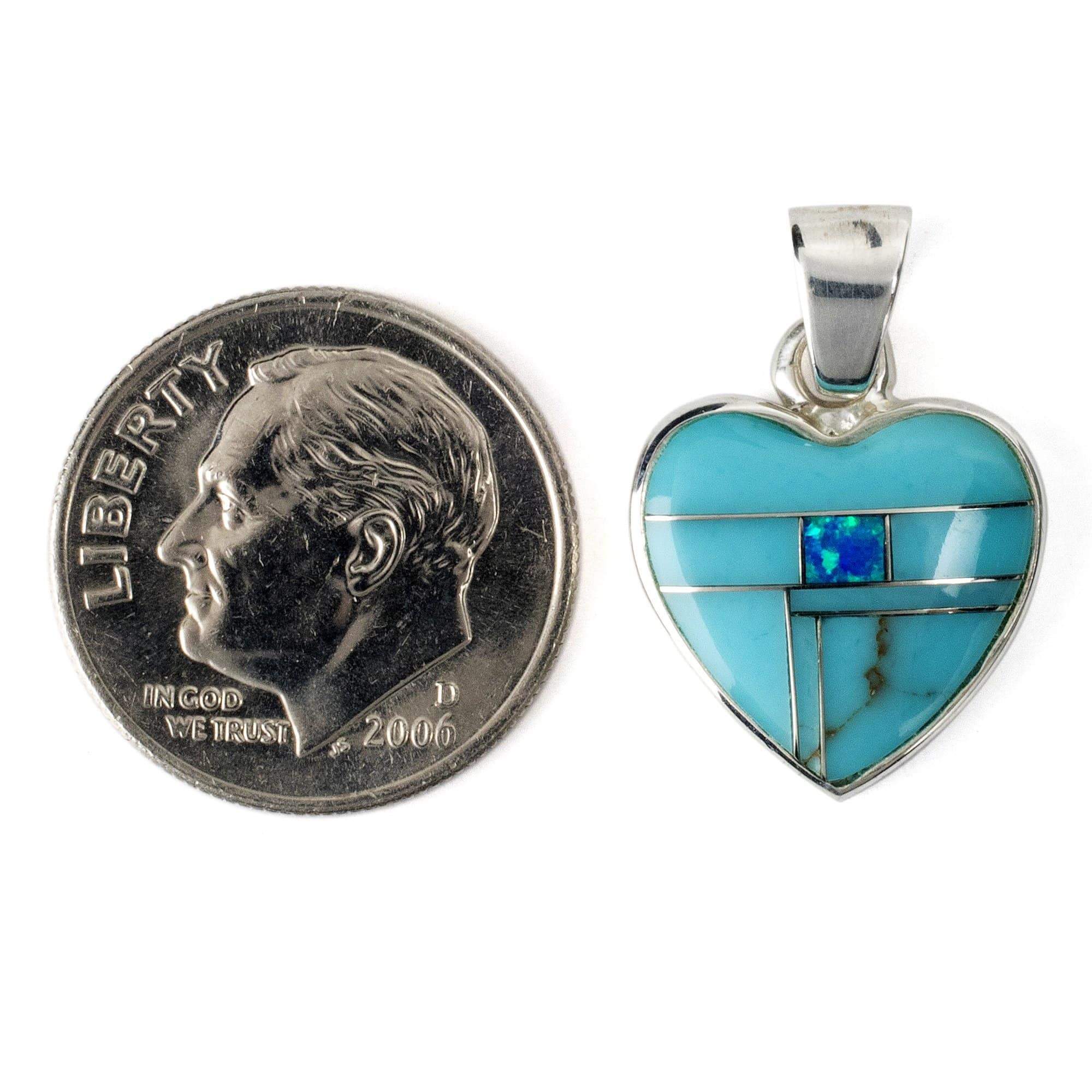 Kalifano Southwest Silver Jewelry Turquiose Heart 925 Sterling Silver Pendant USA Handmade with Aqua Opal Accent NMN.2240.TQ