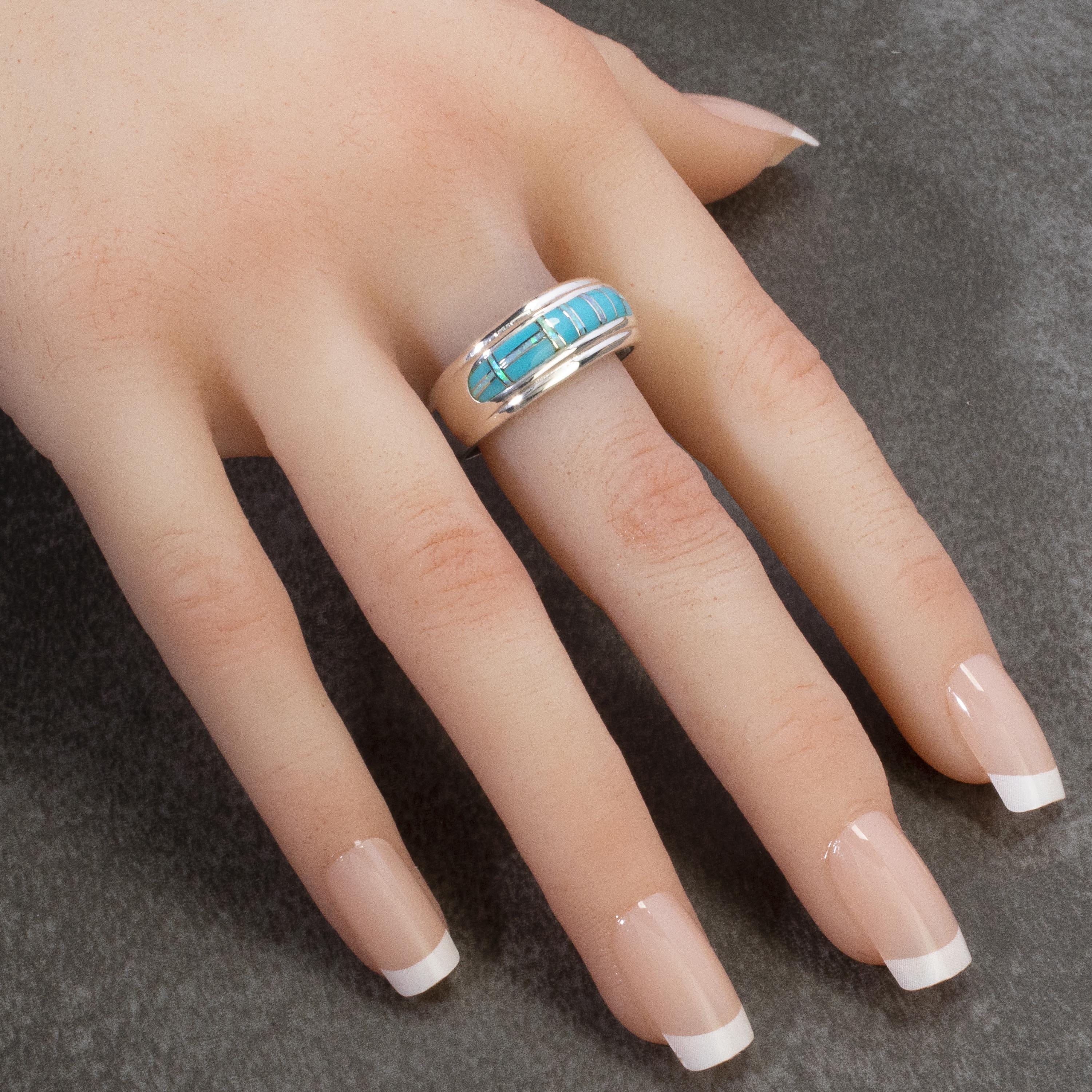 Kalifano Southwest Silver Jewelry Turquoise 925 Sterling Silver Ring Handmade with Laboratory Opal Accent
