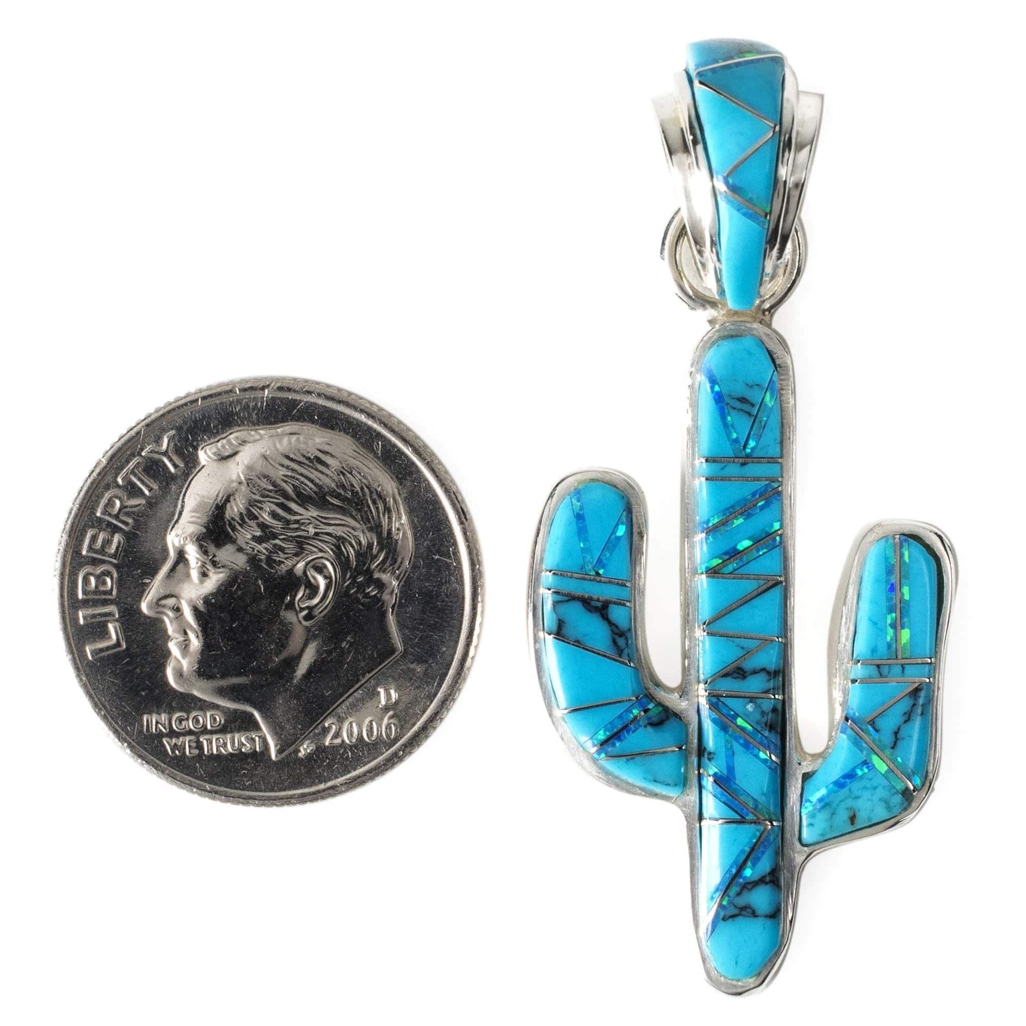 Kalifano Southwest Silver Jewelry Turquoise Cactus 925 Sterling Silver Pendant USA Handmade with Aqua Opal Accent NMN.0602.TQ