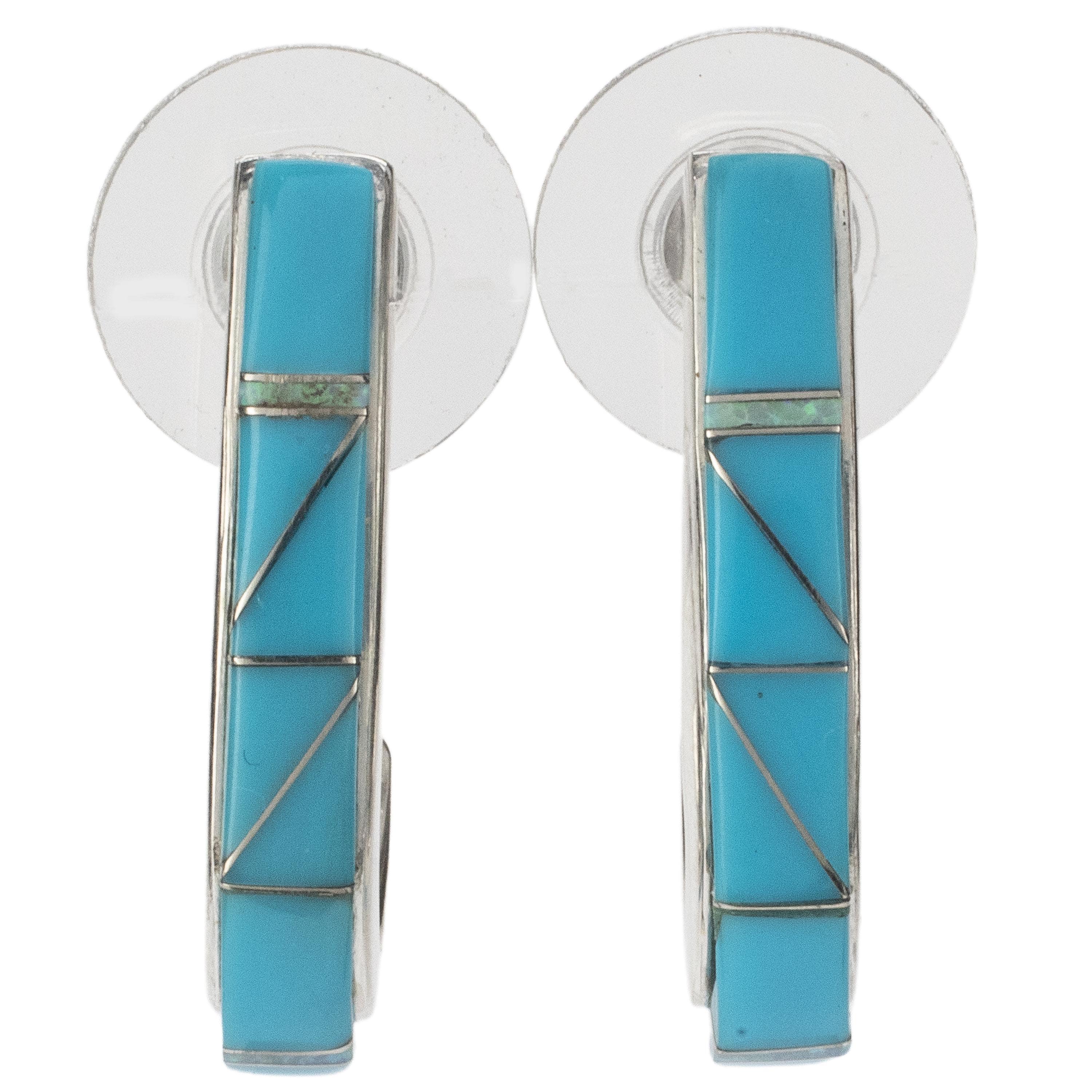 Kalifano Southwest Silver Jewelry Turquoise Curled Semi Hoop Earrings Handmade with Sterling Silver and Opal Accent NME.0616.TQ