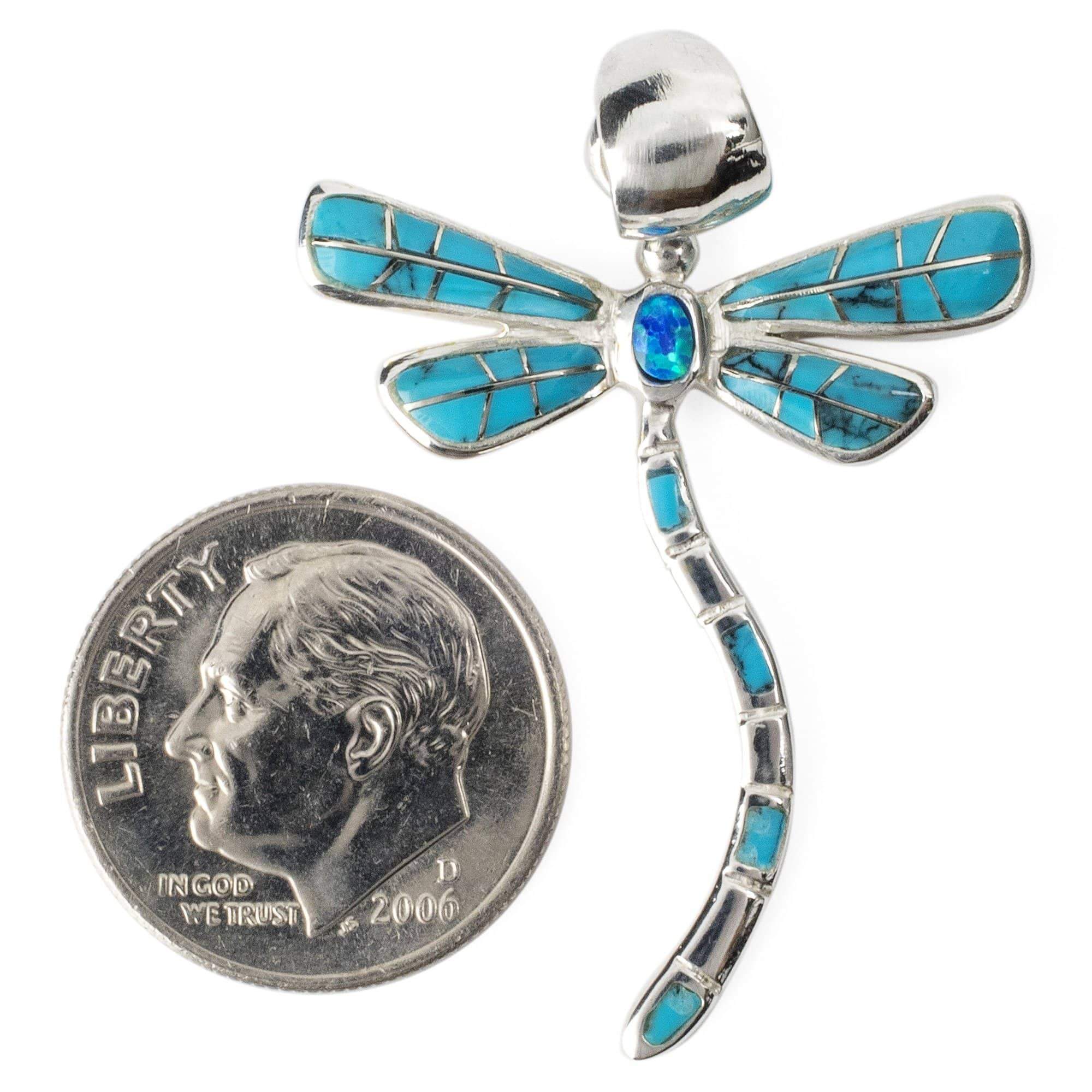 Kalifano Southwest Silver Jewelry Turquoise Dragonfly 925 Sterling Silver Pendant USA Handmade with Aqua Opal Accent NMN.0893.TQ