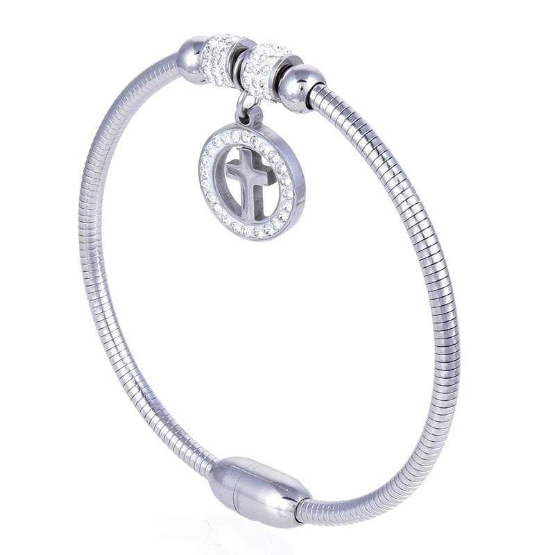 Kalifano Steel Hearts Jewelry Steel Hearts Cross Gemstone Pendant Bangle Bracelet SHB200-21