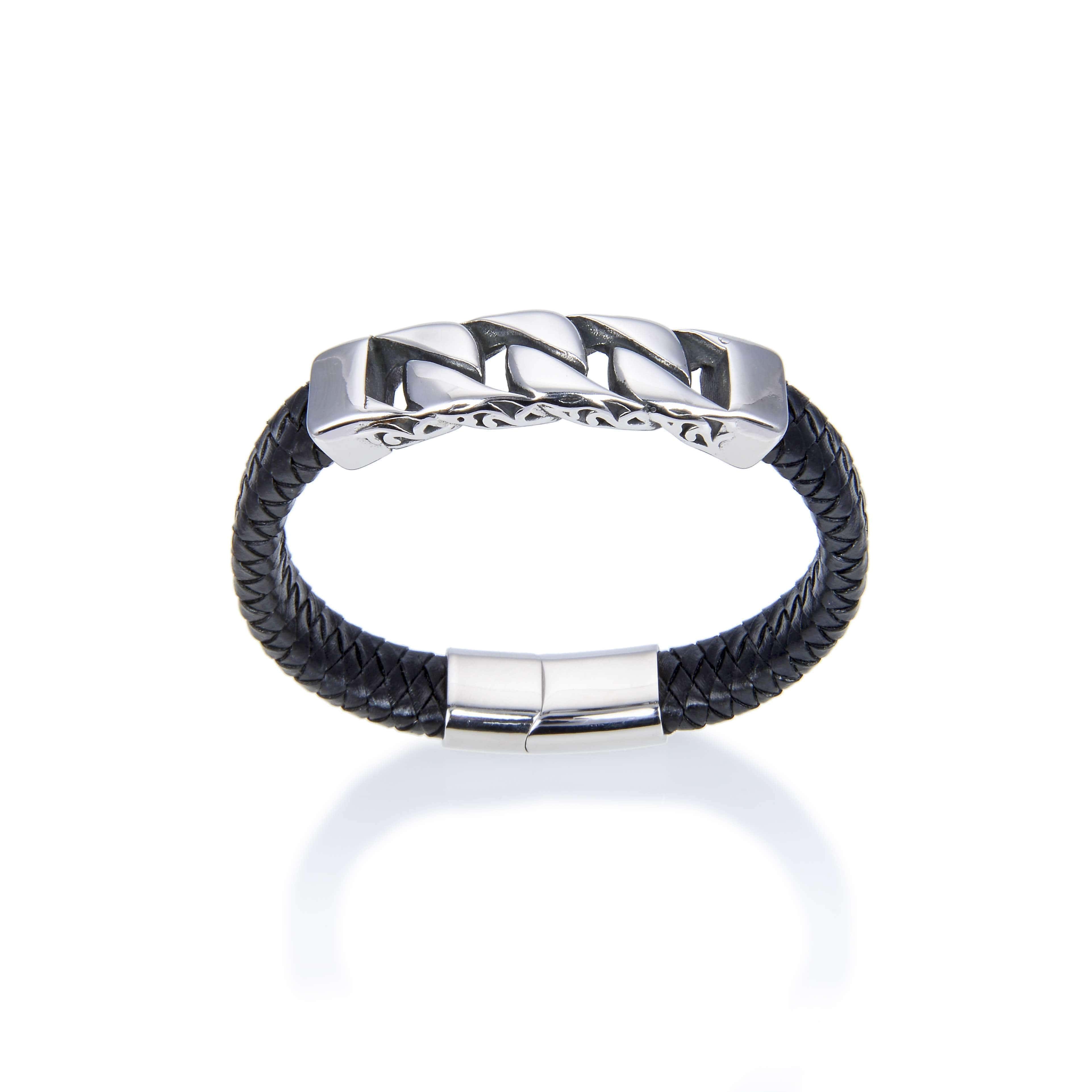 Kalifano Steel Hearts Jewelry Steel Hearts Flat Curb Chain Black Leather Bracelet SHB200-68