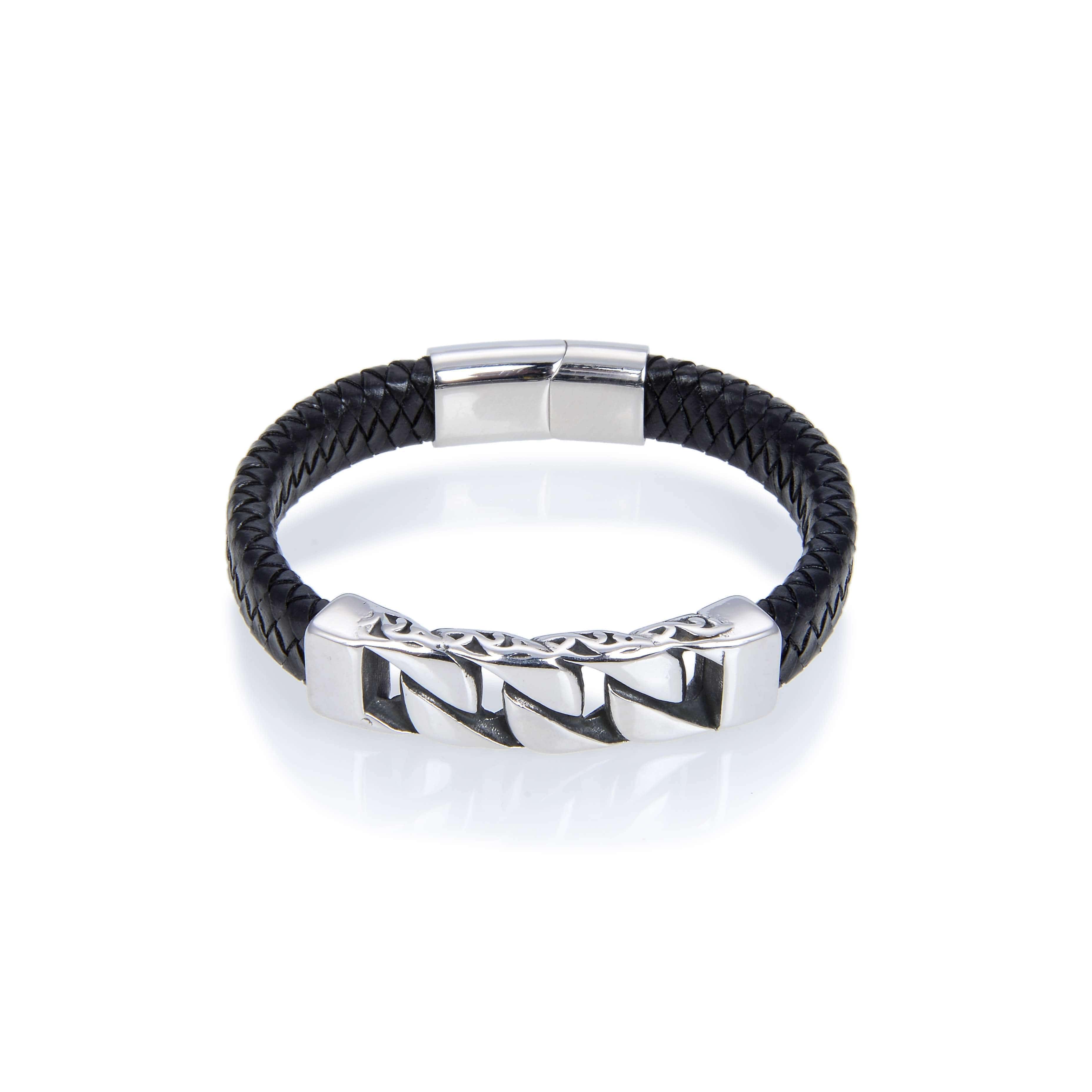 Kalifano Steel Hearts Jewelry Steel Hearts Flat Curb Chain Black Leather Bracelet SHB200-68