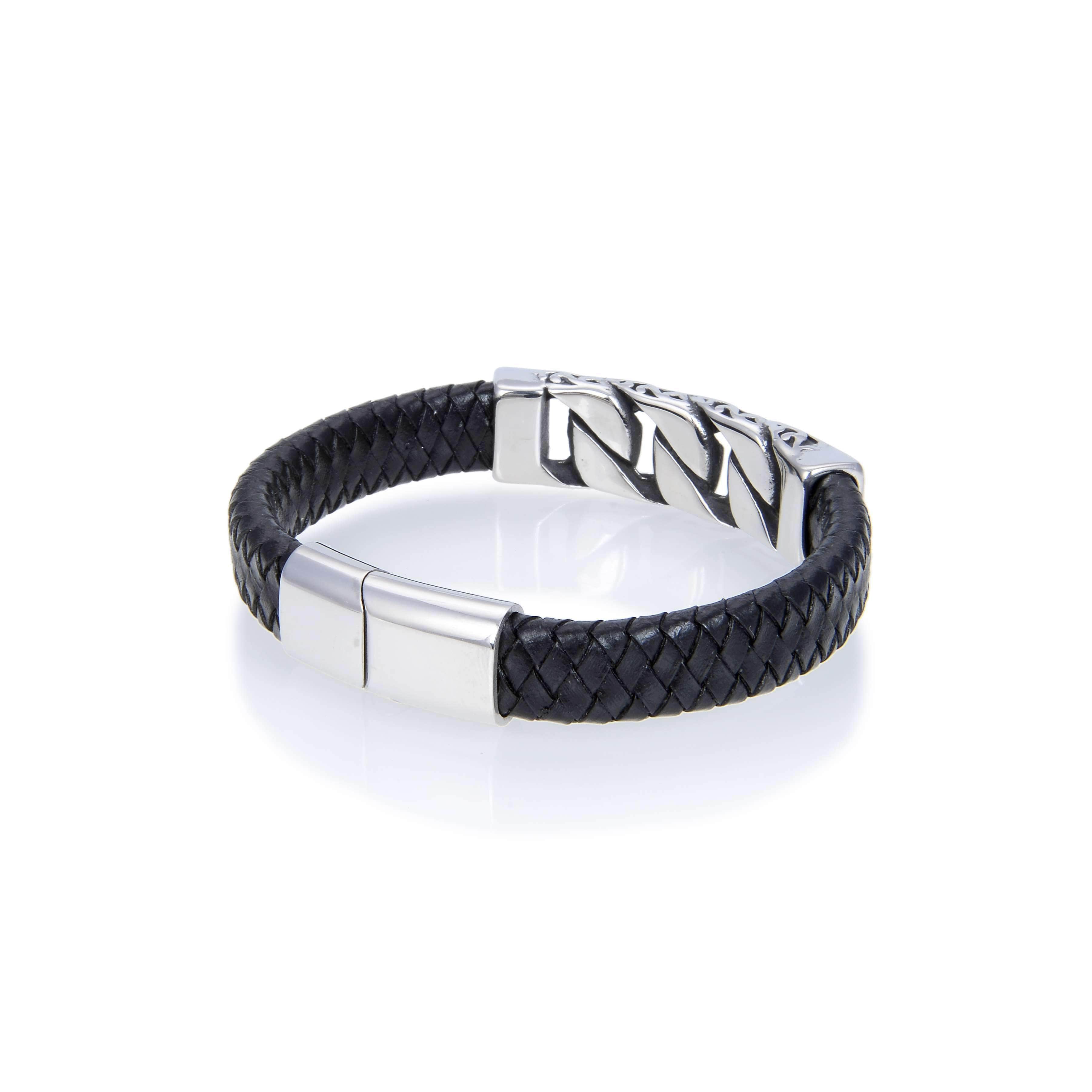Kalifano Steel Hearts Jewelry Steel Hearts Flat Curb Chain Black Leather Bracelet SHB200-68