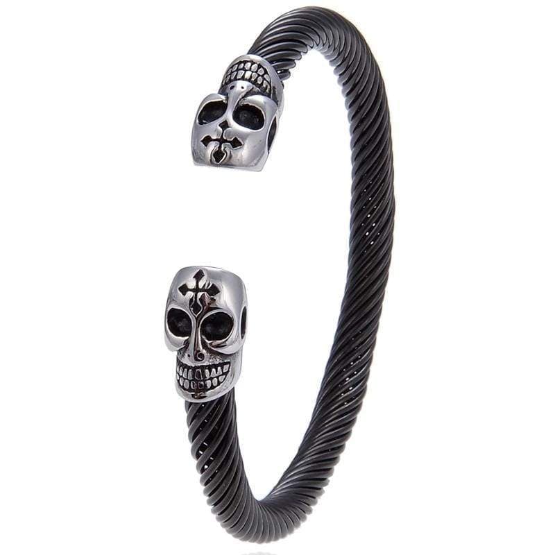 Kalifano Steel Hearts Jewelry Steel Hearts Skull with Cross Black Open Bangle Bracelet SHB200-02