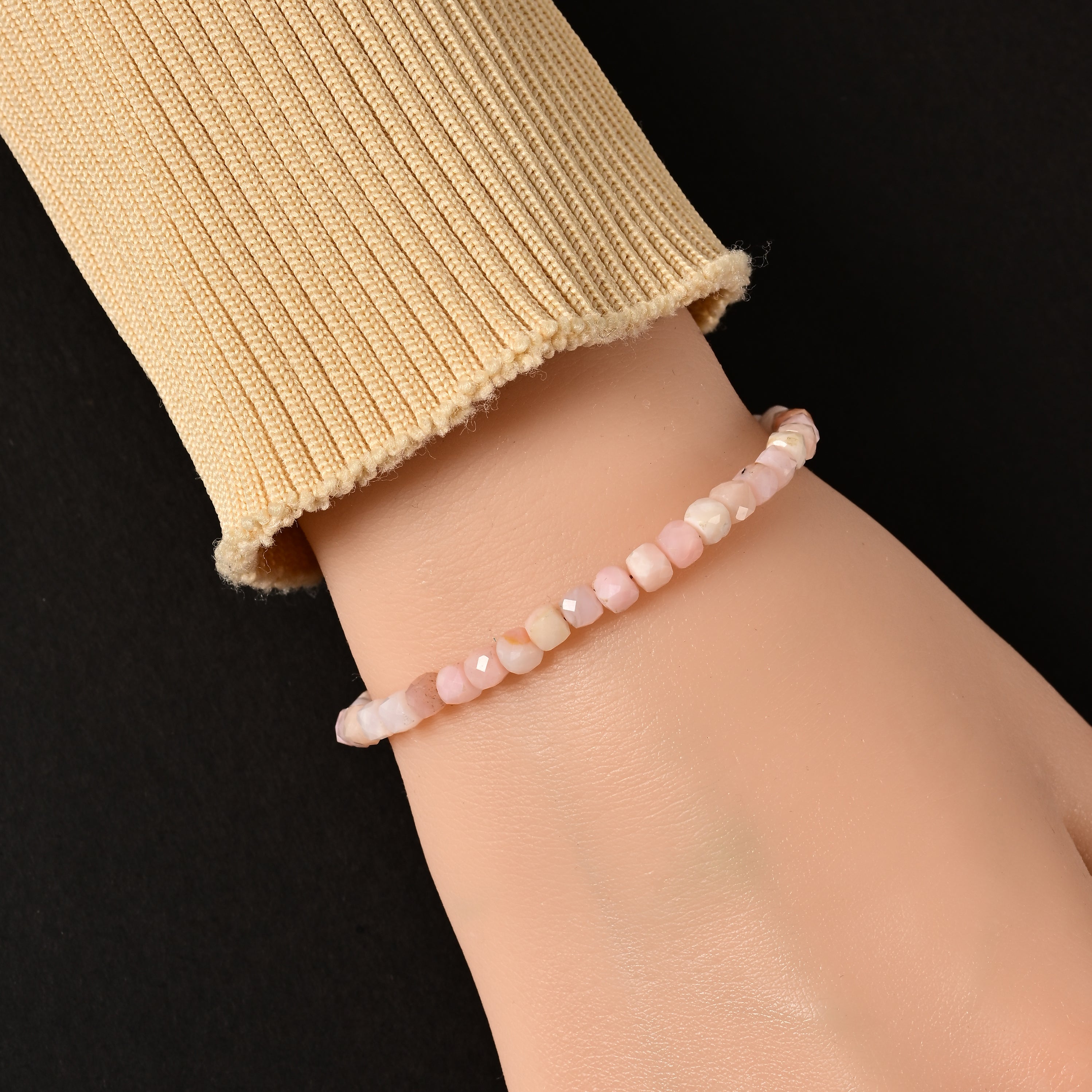 Natural Pink Opal Faceted 4mm Barrel Bracelet with Sterling Silver Extender