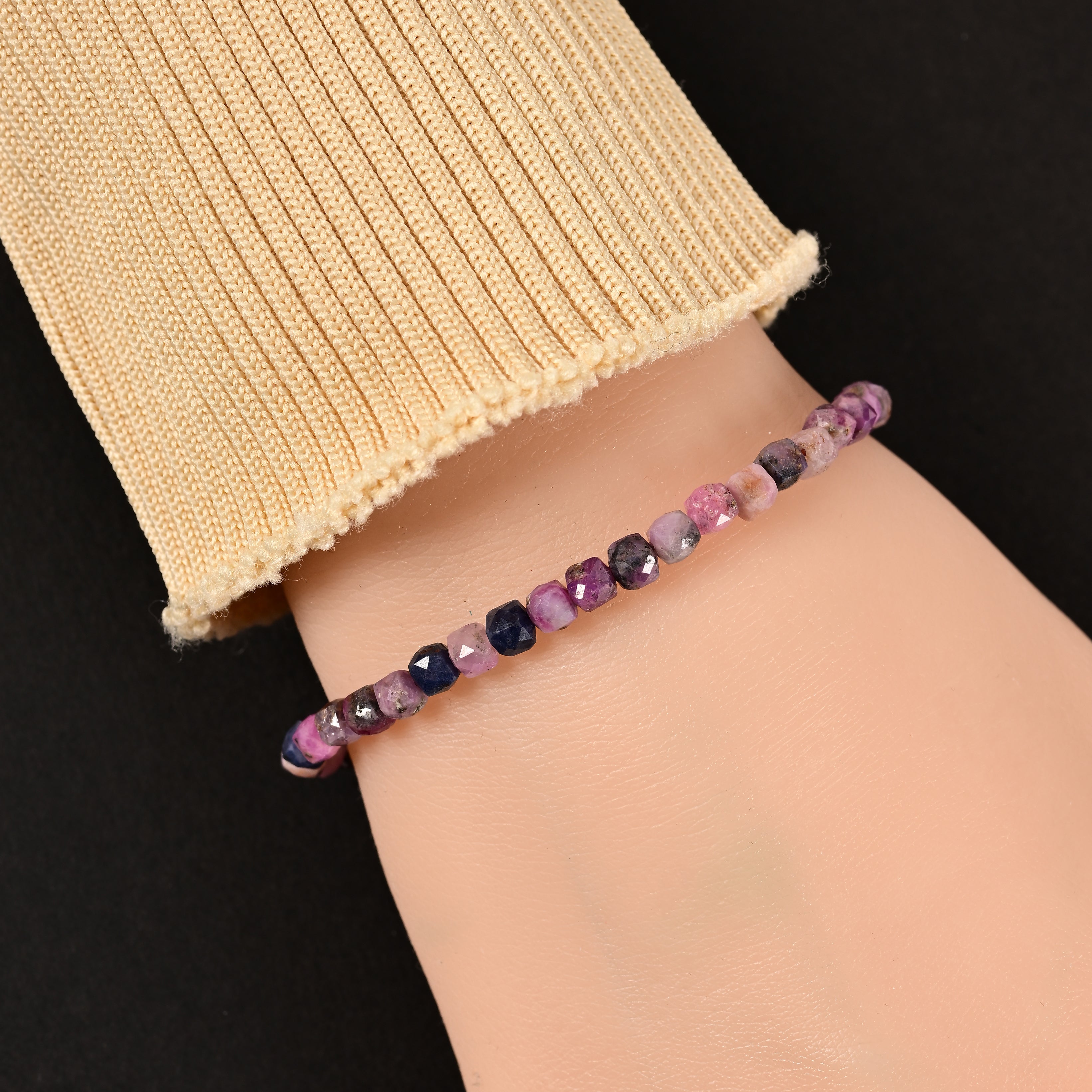 Natural Ruby Sapphire Faceted 4mm Barrel Bracelet with Sterling Silver Extender