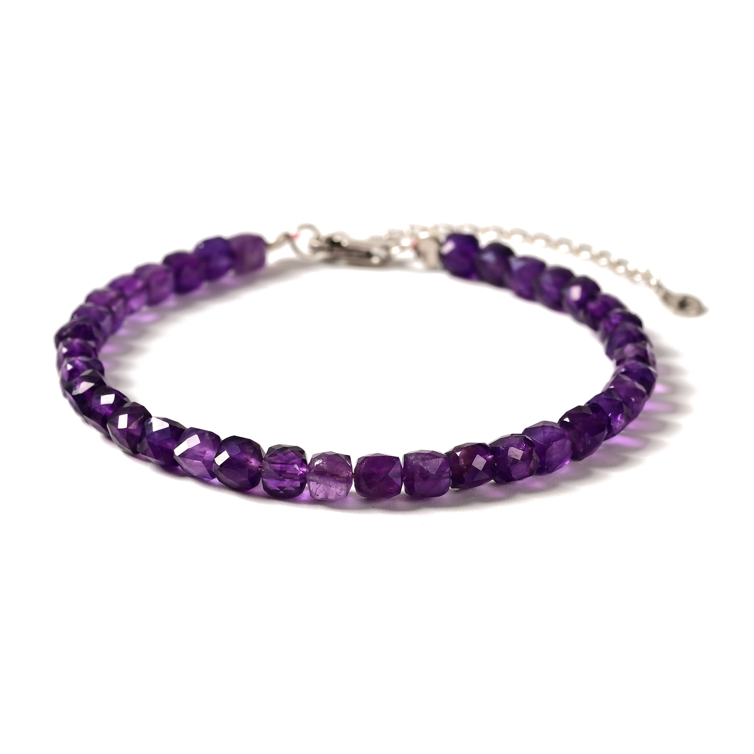 Natural Amethyst Faceted 4mm Barrel Bracelet with Sterling Silver Extender