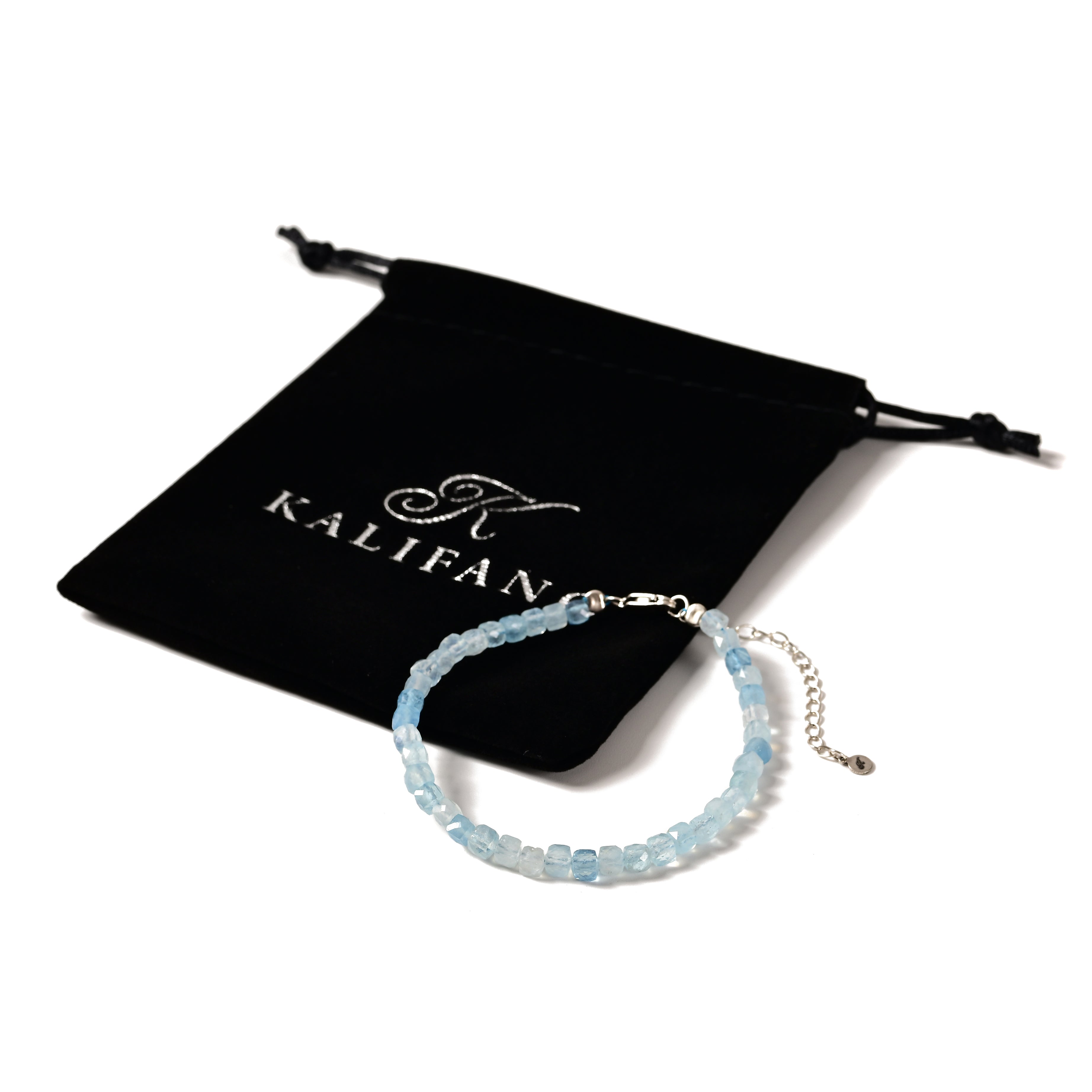 Natural Aquamarine Faceted 4mm Barrel Bracelet with Sterling Silver Extender